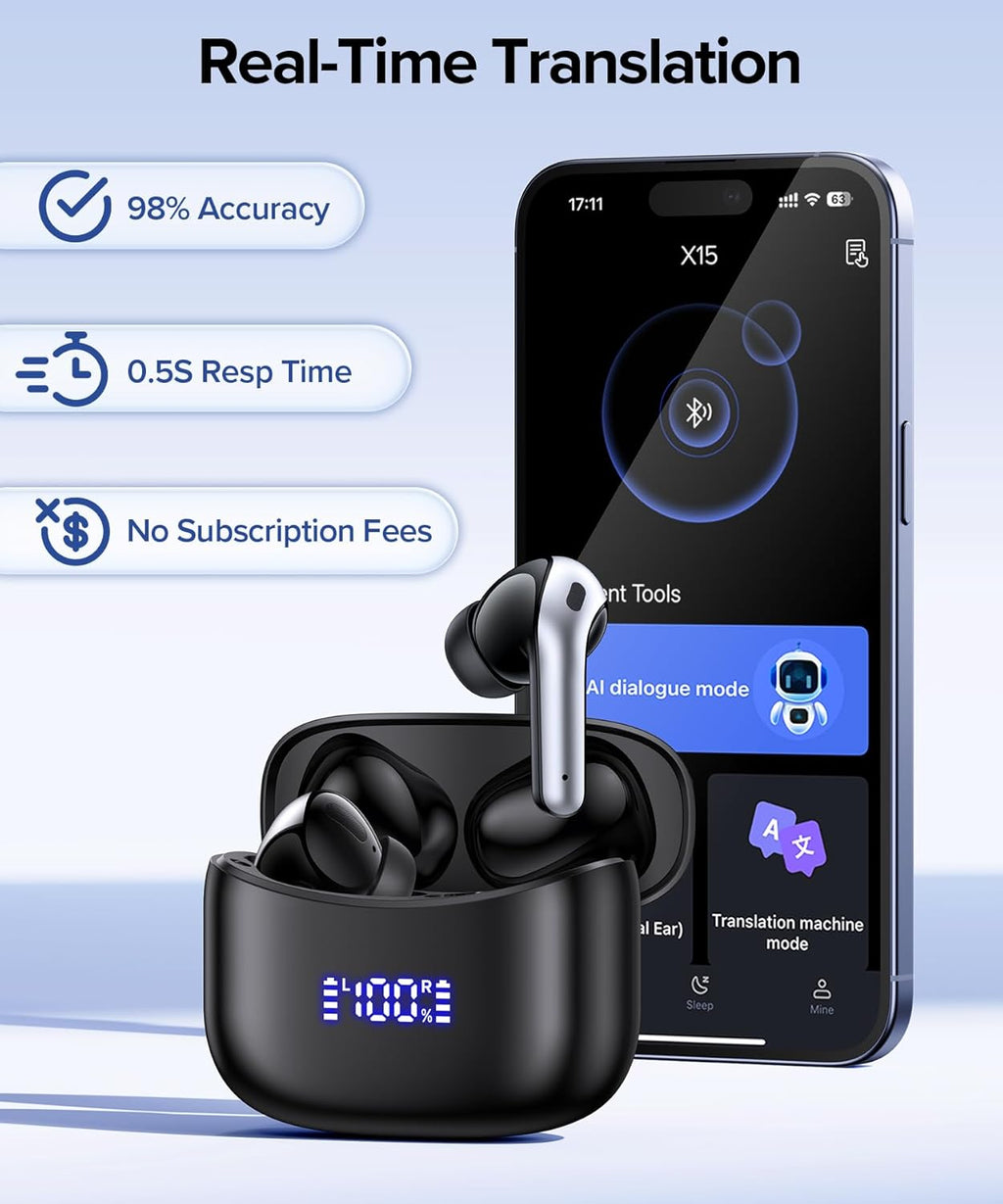 AI Translation Earbuds Real Time 164 Languages Translator Ear Buds Audifonos Traductores Inglés Español 70H Playtime Wireless Earphones AI Bluetooth Headphones for Travel Meeting Learning Black