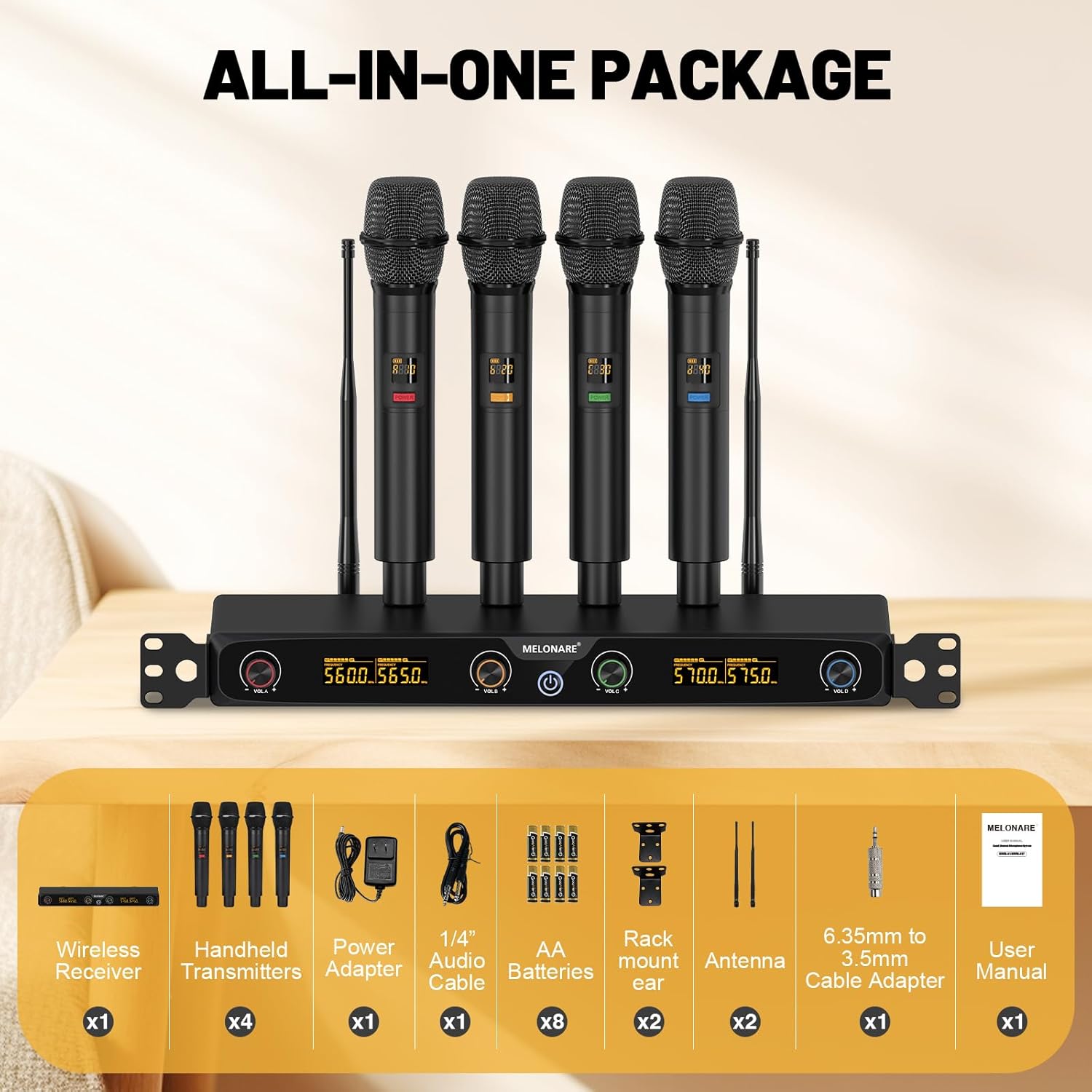 MELONARE 4-Channel Wireless Microphone System, UHF Rackmountable Cordless Mic Set w/ 4X 10 Frequencies, 260ft Range, Dynamic Handheld Microphone for Singing, Karaoke, Church, DJ, Party (MWM-41F)