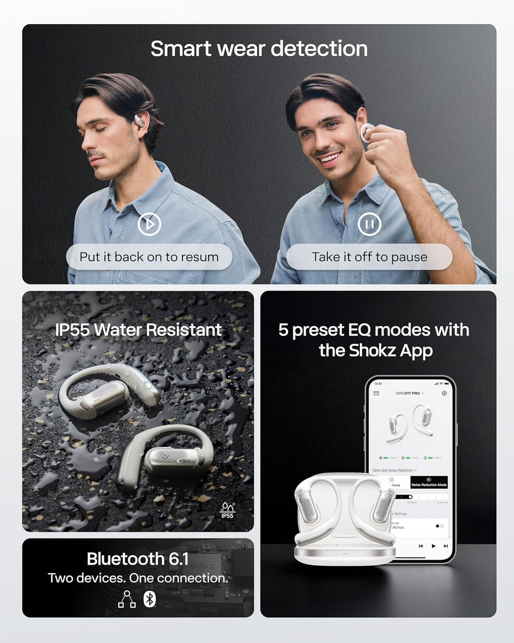 SHOKZ OpenFit Pro Open-Ear True Wireless Earbuds with Open-Ear Noise Reduction, Optimised for Dolby Atmos, Deep Bass, 50H Playtime, AI-Powered Clear Calls for Work, Sport, Bluetooth 6.1, IP55, White