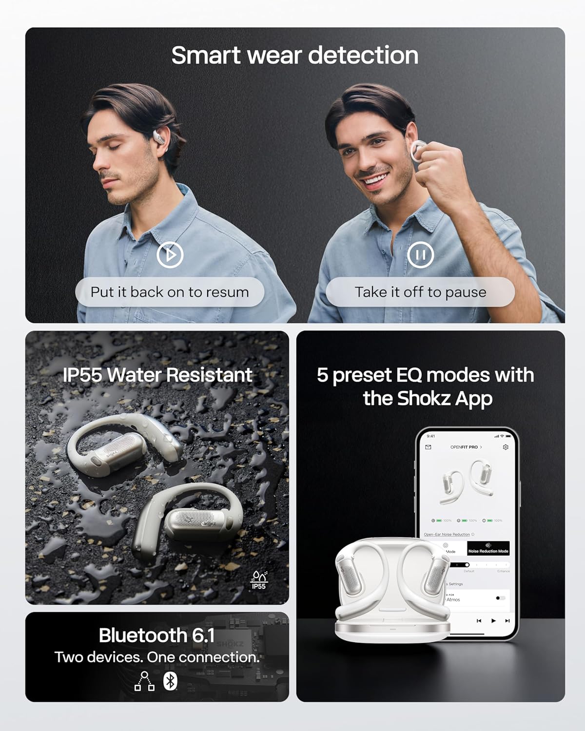 SHOKZ OpenFit Pro Open-Ear True Wireless Earbuds with Open-Ear Noise Reduction, Optimised for Dolby Atmos, Deep Bass, 50H Playtime, AI-Powered Clear Calls for Work, Sport, Bluetooth 6.1, IP55, White