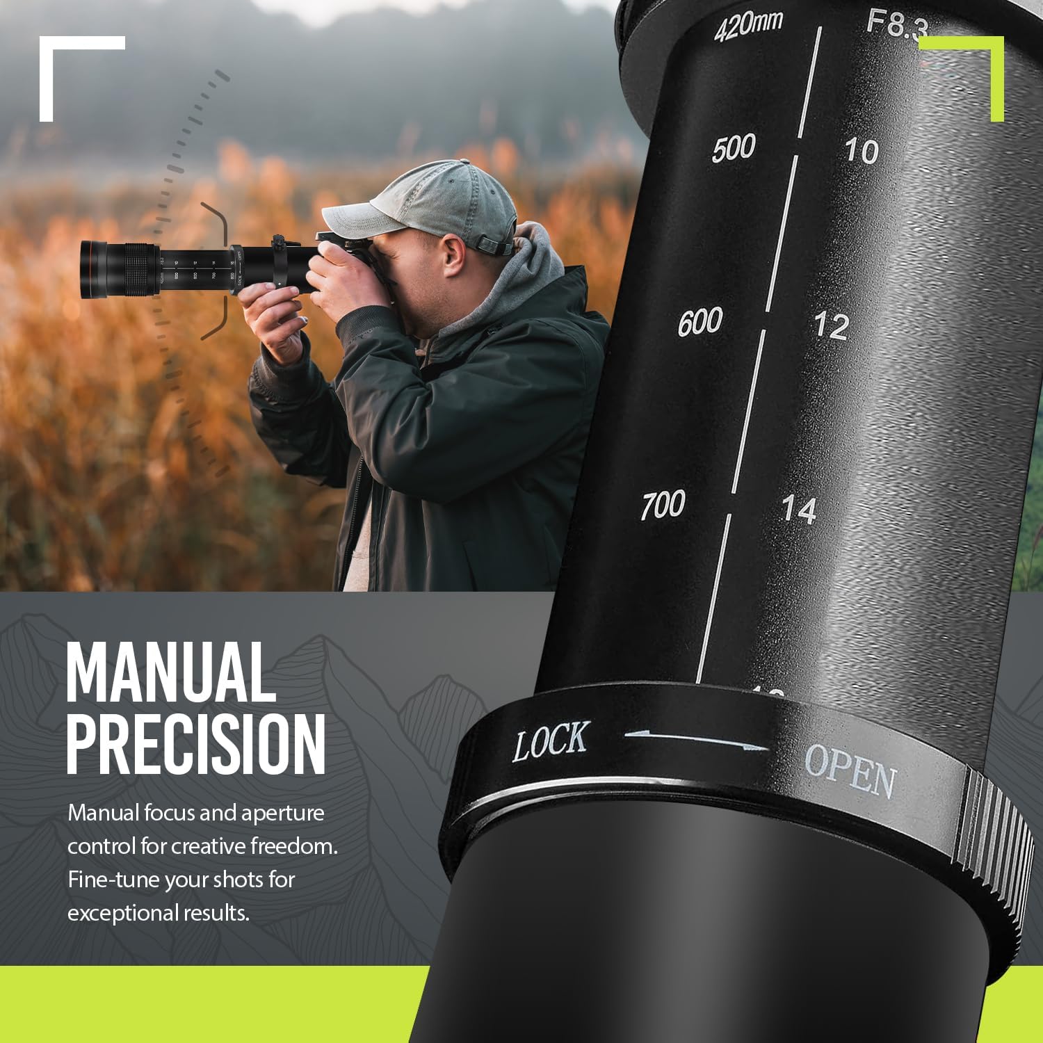 High-Power 420-1600mm f/8.3 HD Manual Telephoto Zoom Lens for Canon EOS 70D, 80D, 90D, Rebel T3, T3i, T5, T5i, T6i, T6s, T7, T7I, T8I, SL3, EOS 5D, EOS5D IV, 6D II, 7D II SLR Cameras