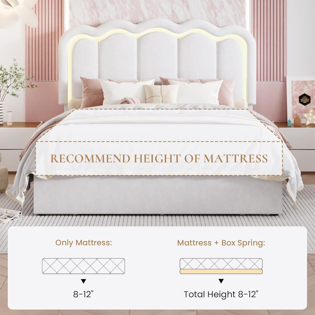 SHA CERLIN Upholstered Queen Size Bed Frame with LED Lights and Large Storage Drawer, Velvet Platform Bed with Adjustable Wavy Headboard, Noise Free, Easy Assembly, No Box Spring Needed, Soft White