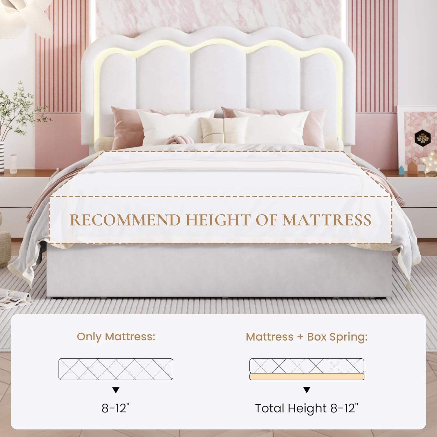 SHA CERLIN Upholstered Queen Size Bed Frame with LED Lights and Large Storage Drawer, Velvet Platform Bed with Adjustable Wavy Headboard, Noise Free, Easy Assembly, No Box Spring Needed, Soft White