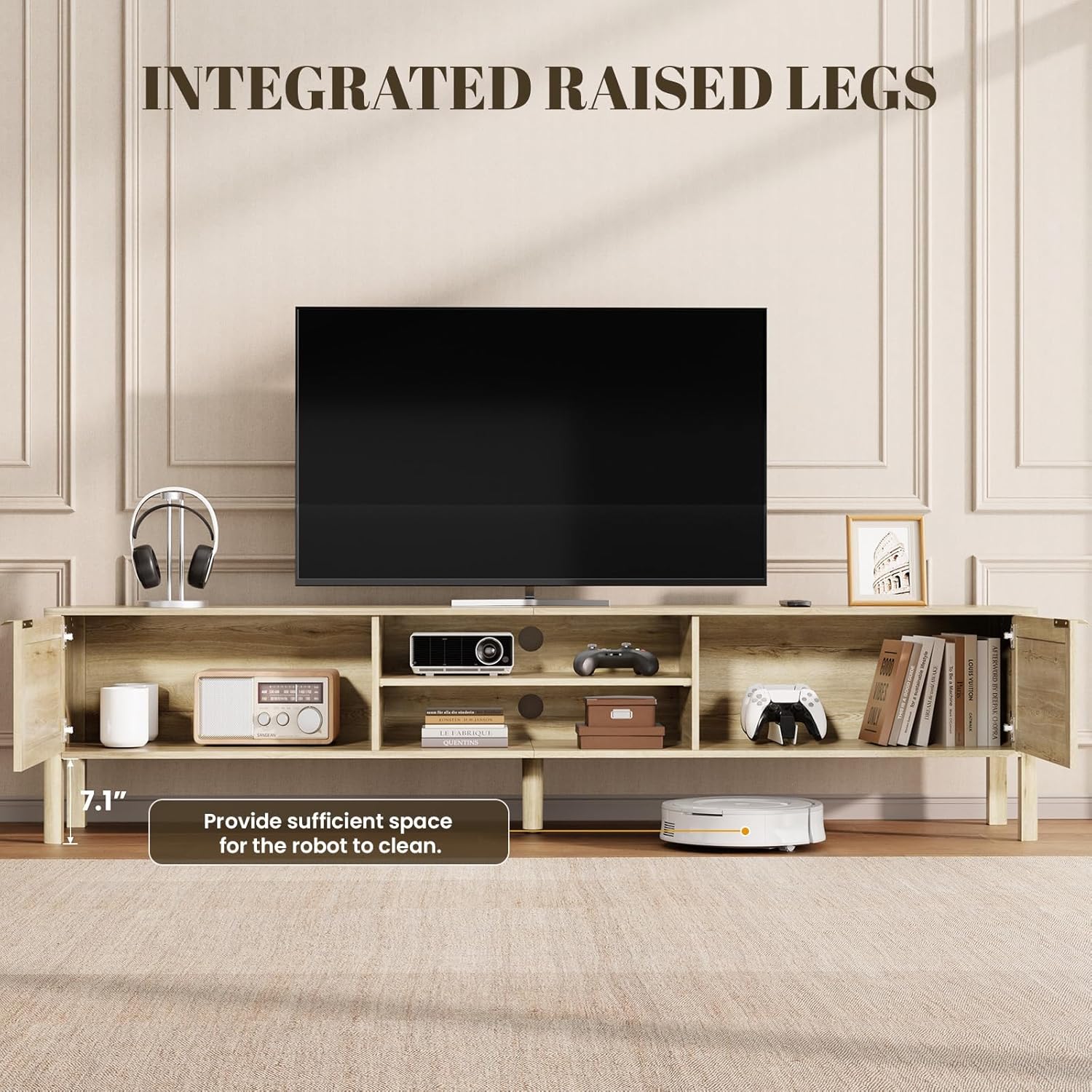 IKALIFE Rattan TV Stand for Living Room - Fits up to 80 Inch TVs, Rattan Media Console Table with Adjustable Shelves & 2 Storage Cabinets, Mid-Century Modern Entertainment Center, Oak 71"