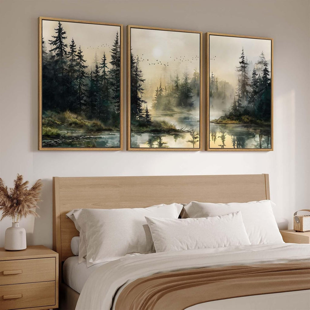 Framed Forest Landscape Wall Art for Living Room, Large 3 Piece Misty Pine Tree Nature Scenic Artwork for Walls, Rustic Woodland Sunset Canvas Painting Prints for Office Bedroom Wall Decor, 24x36 Inch