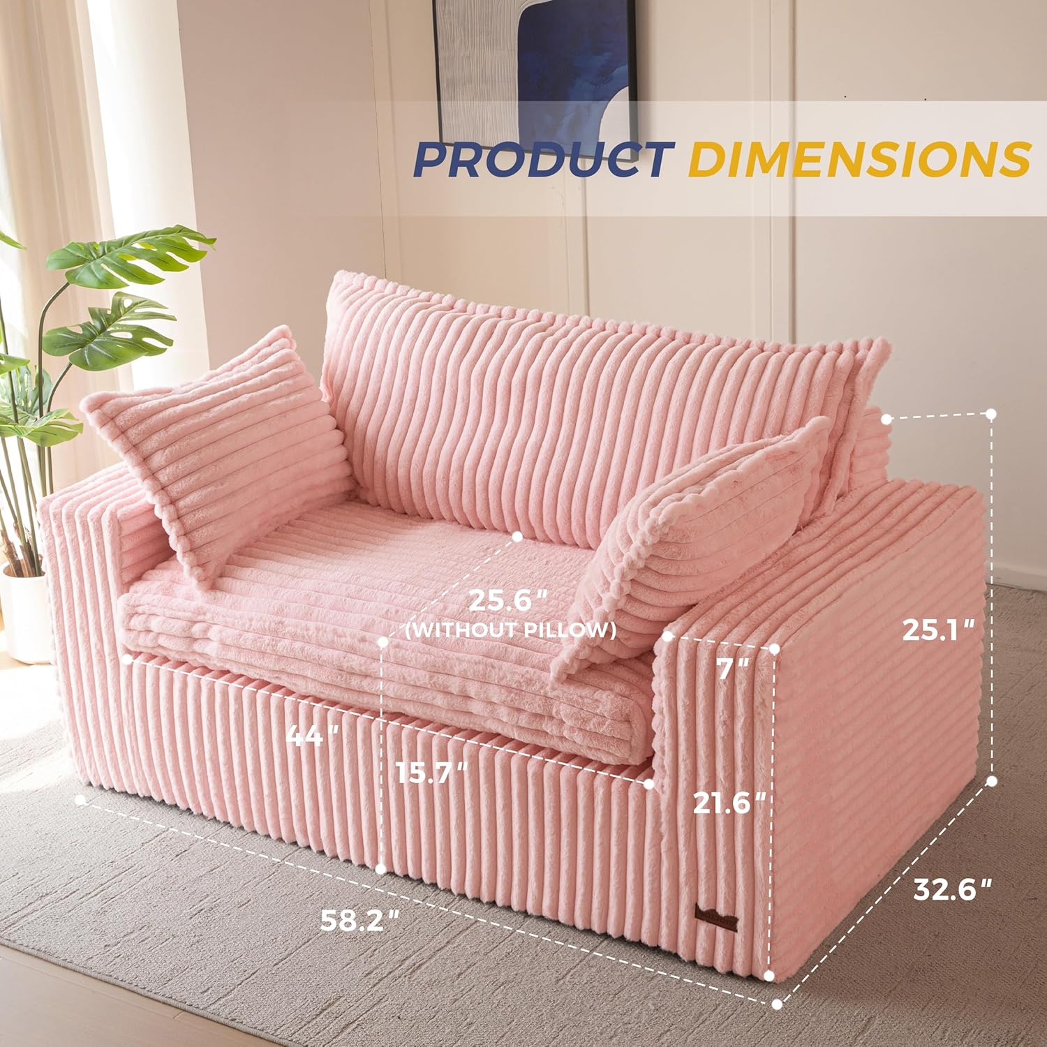 MAXYOYO 59" Bean Bag Sofa Couch, Loveseat Boneless Couch in a Box, Upholstered Small Mini Sofa with Deep Seating for Living Room Bedroom Office Apartment, No Assembly, Pink