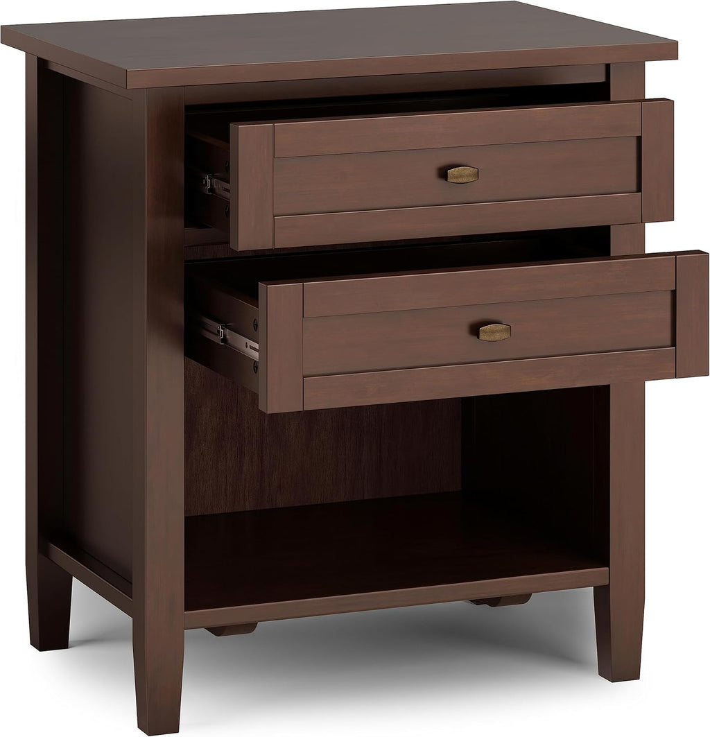 SIMPLIHOME Warm Shaker Bedside Table - 24 inch Wide Solid Wood Nightstand in Russet Brown, Transitional Bedroom Side or End Table with 2 Drawers, Open Shelf Storage and Brushed Nickel Hardware