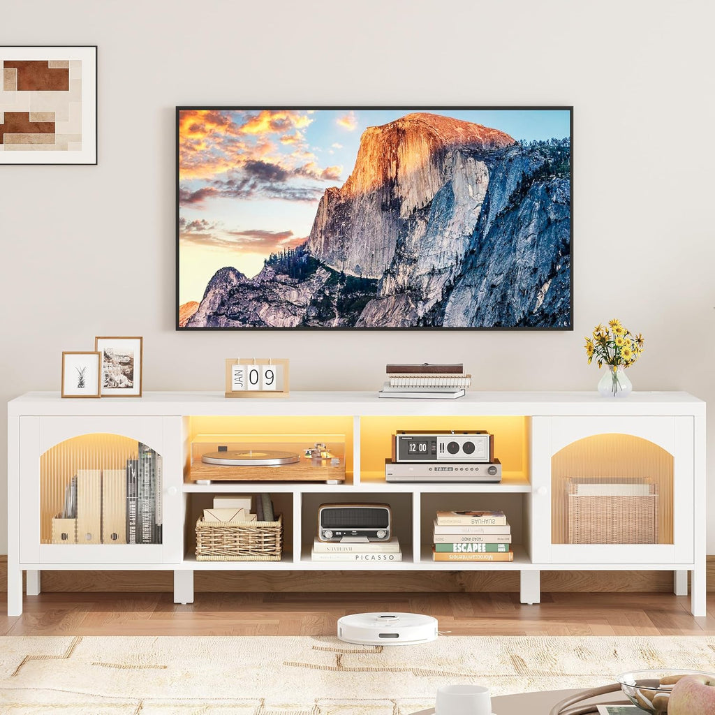 IRONCK TV Stand for 75 Inch TV, 71" Entertainment Center with Power Outlet & LED Light, Modern Media TV Console with Arched Glass Doors and Storage Cabinets for Living Room, White