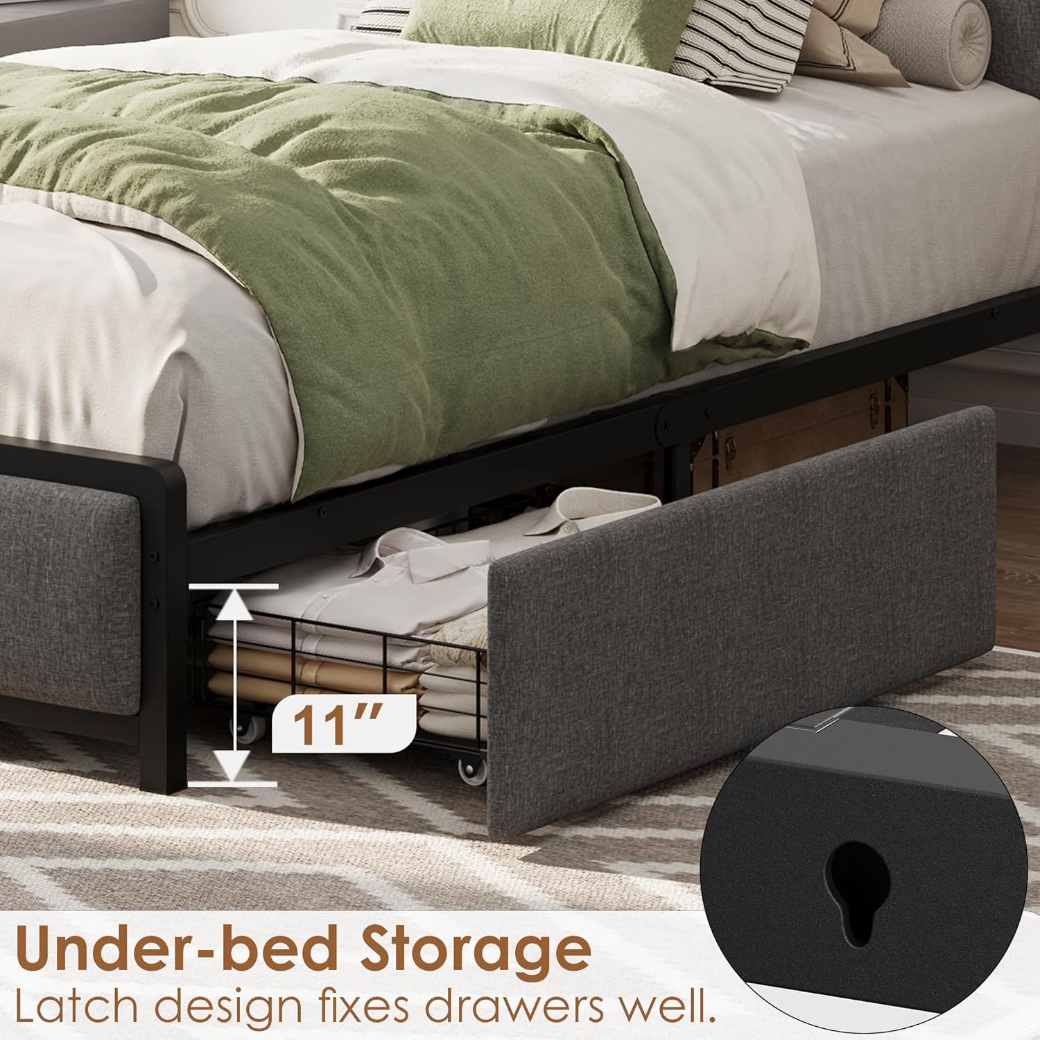 GAOMON Twin Size Bed Frame with 2 Storage Drawers and Charging Station, Rustic Linen Upholstered Platform Bedframe with Storage Headboard, Heavy Duty, No Box Spring Needed, Easy Assembly, Noise Free