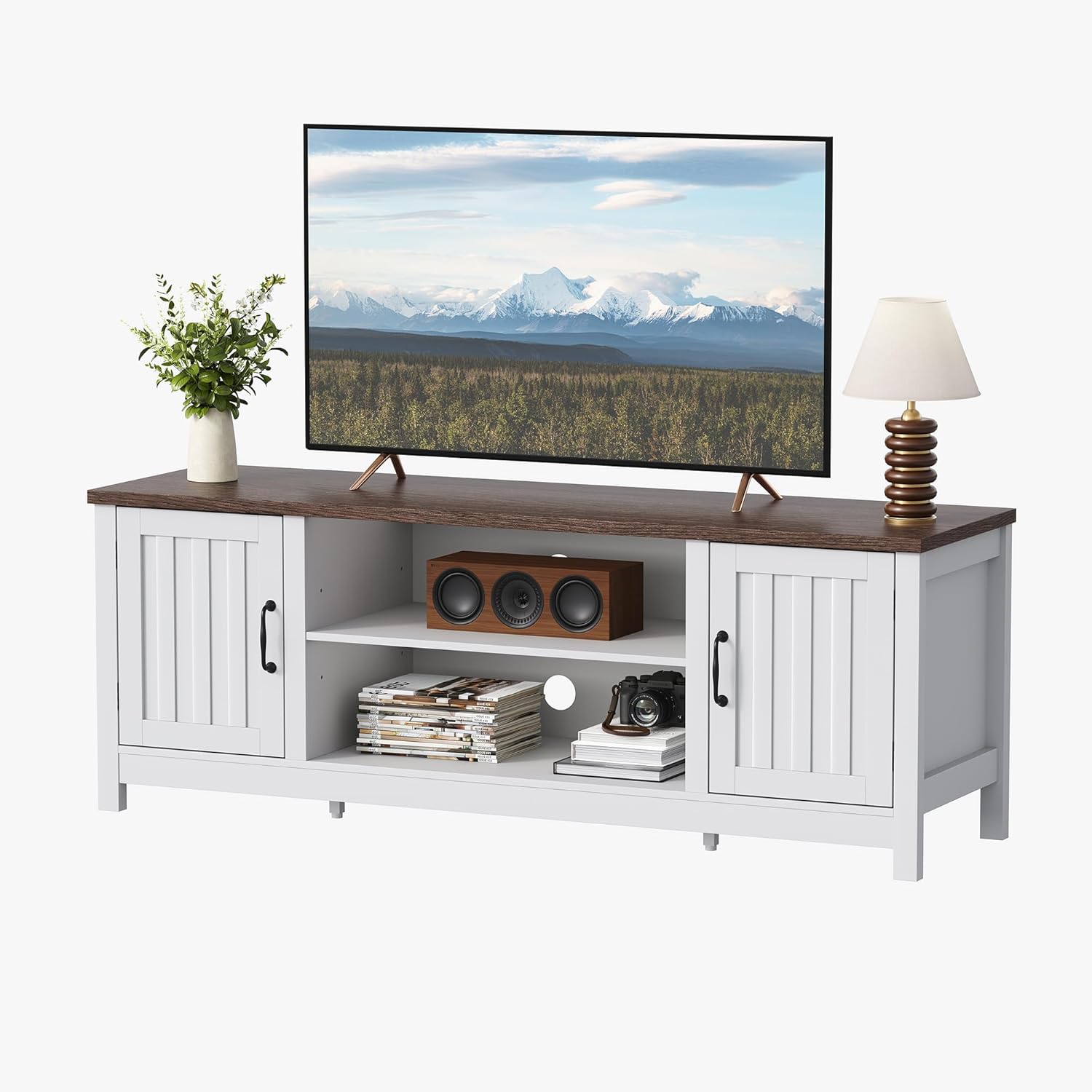 ChooChoo 54" Farmhouse TV Stand for TVs up to 65 inches, Entertainment Center with Storage Cabinets, Open Shelves and Fluted Door, TV Console Table for Living Room, Bedroom, White