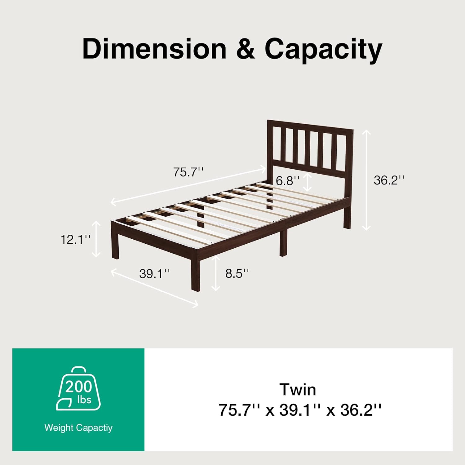 Novilla 12 Inch Twin Bed Frames Wood Twin Size Bed Frame with Classic Headboard Solid Wooden Twin BedFrame No Box Spring Needed, Easy Assembly,Walnut