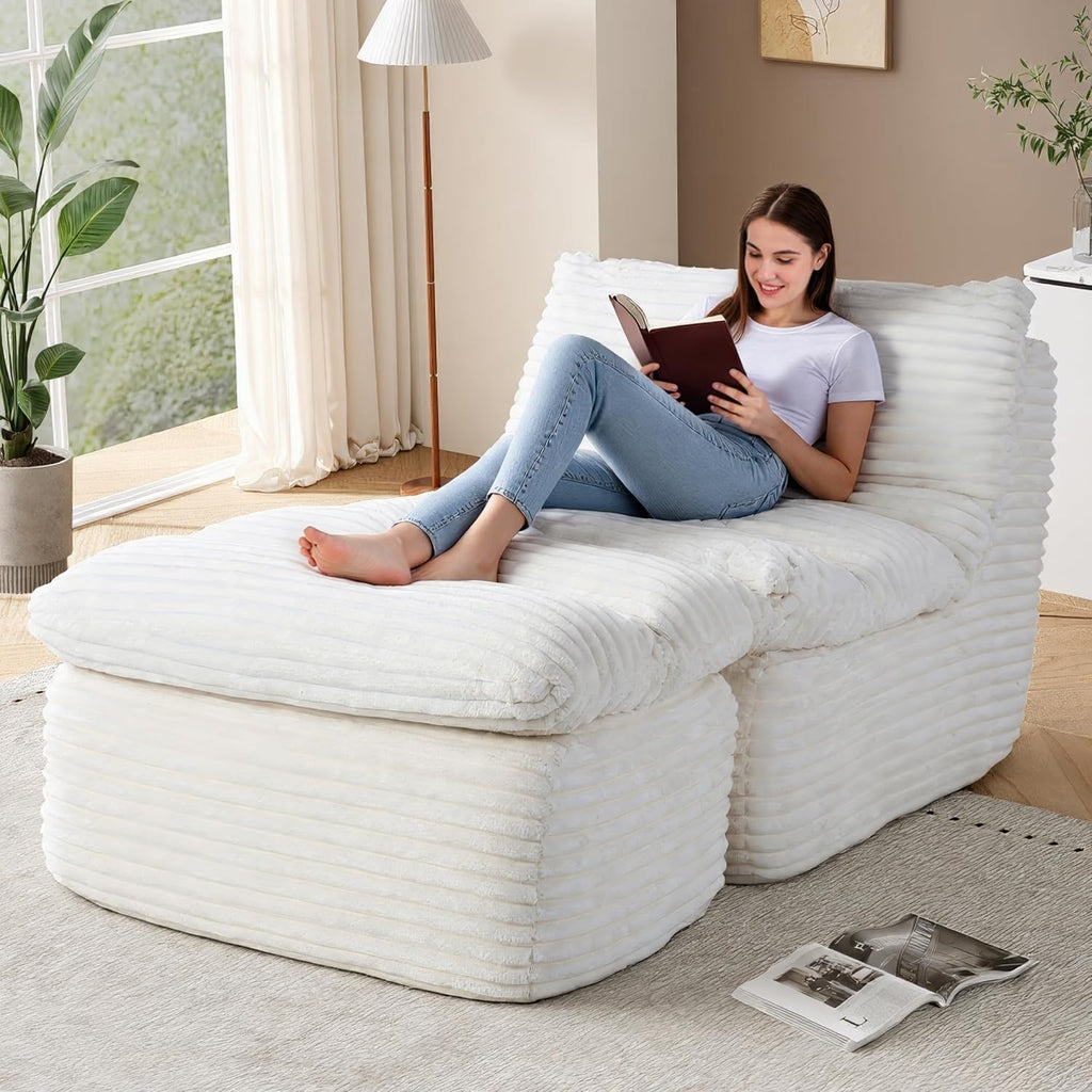 COLAMY Bean Bag Chair, Lounge Chair with Removable Ottoman for Adults, Comfy Fabric Sofa Bed Couch with Memory Foam, Backrest for Living Room, Office, Bedroom, Beige