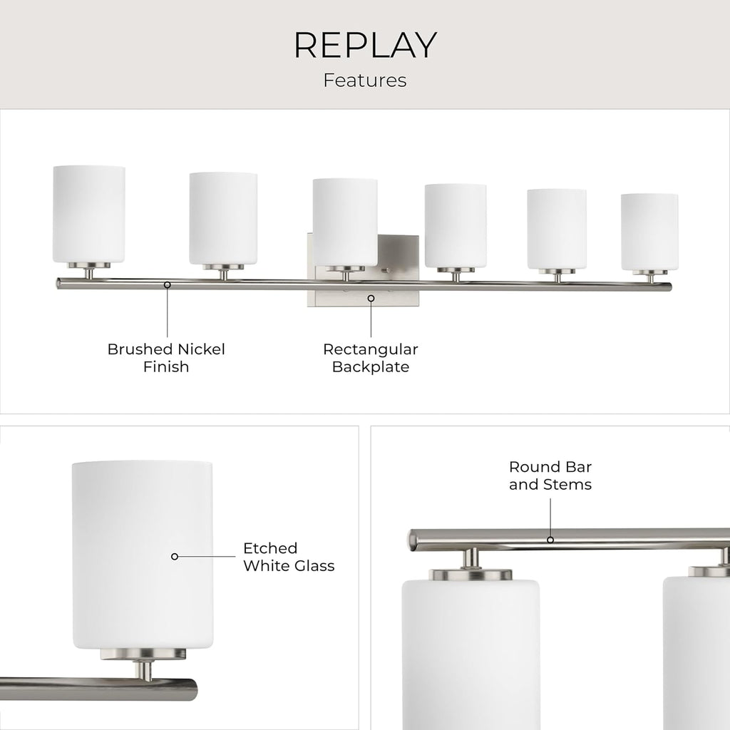 Progress Lighting Replay Collection 48 in. 6-Light Brushed Nickel Etched White Glass Modern Bath Vanity Light