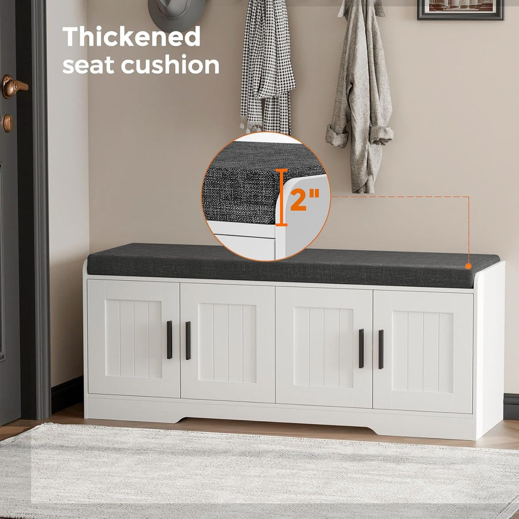 Homleke 2-Tier Storage Bench, Shoe Bench with Thickened Padded Seat Cushion, Entryway Bench with 4 Doors, Adjustable Shelf, 13.8" D x 45.3" W x 18.5" H, for Entryway, Living Room, Bedroom, White