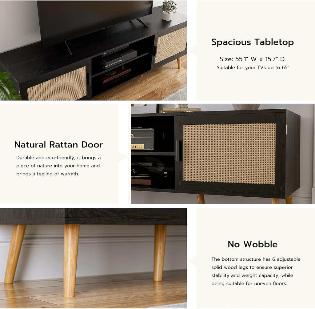 ZttRiee TV Stand for TVs up to 65'', Entertainment Center with Rattan Door, Shelves & 2 Cabinets, Boho Media TV Console for Living Room, Bedroom, Black