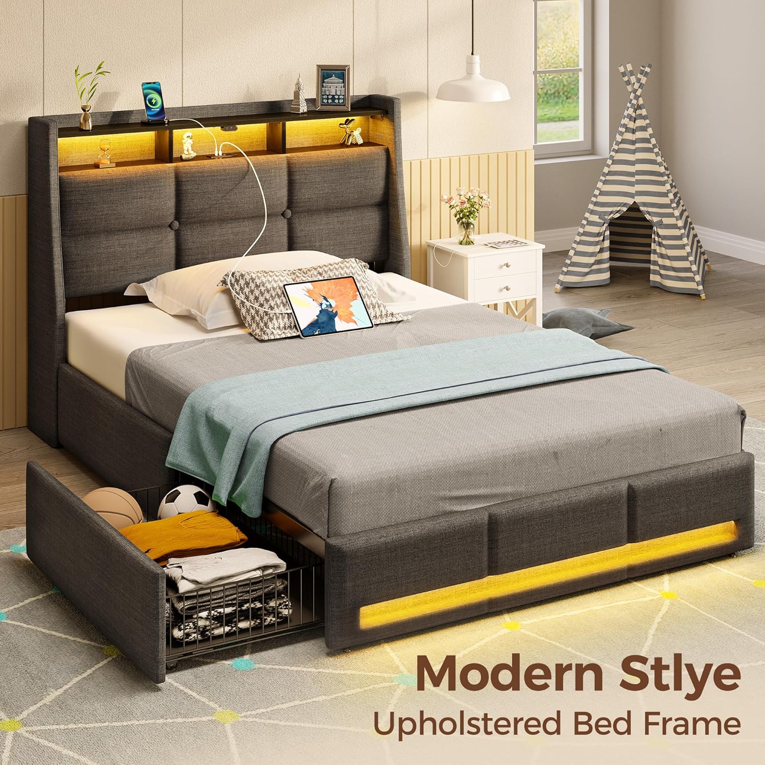 Rolanstar Twin Size Bed Frame with LED Lights and Charging Station, Upholstered Bed Storage Headboard & Drawers, Heavy Duty Wood Slats, Easy Assembly