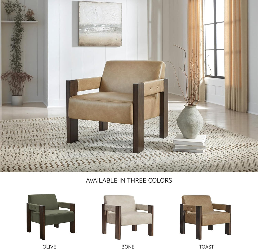 Signature Design by Ashley Adlanlock Contemporary Faux Leather Accent Chair with Wood Frame, Light Brown