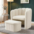 Homkdom Barrel Accent Chair with Storage Ottoman, Teddy Fleece Shell Back with Lumbar Support, Spring Foam Seat, 300 lbs, for Bedroom Reading Corner, Creamy White