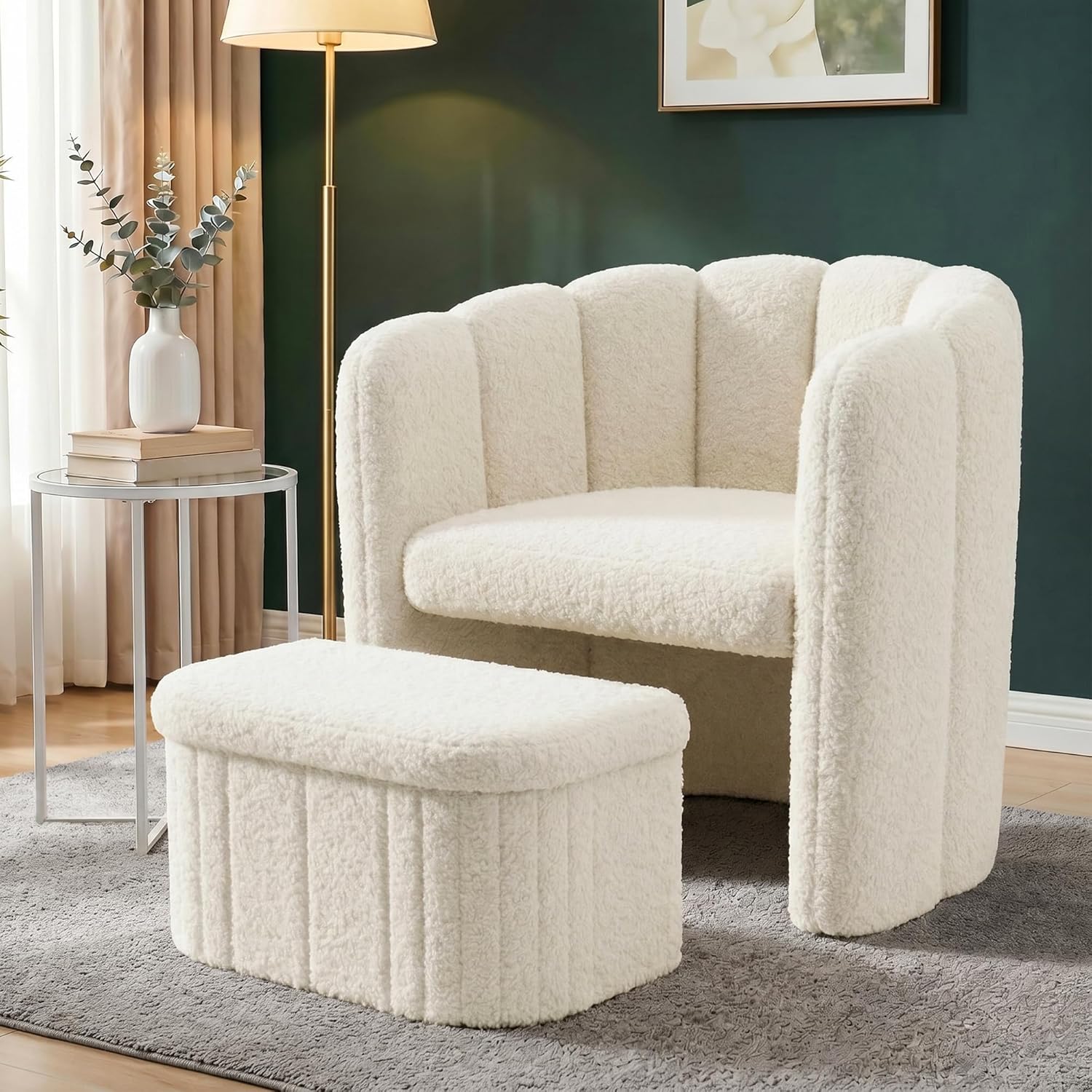 Homkdom Barrel Accent Chair with Storage Ottoman, Teddy Fleece Shell Back with Lumbar Support, Spring Foam Seat, 300 lbs, for Bedroom Reading Corner, Creamy White