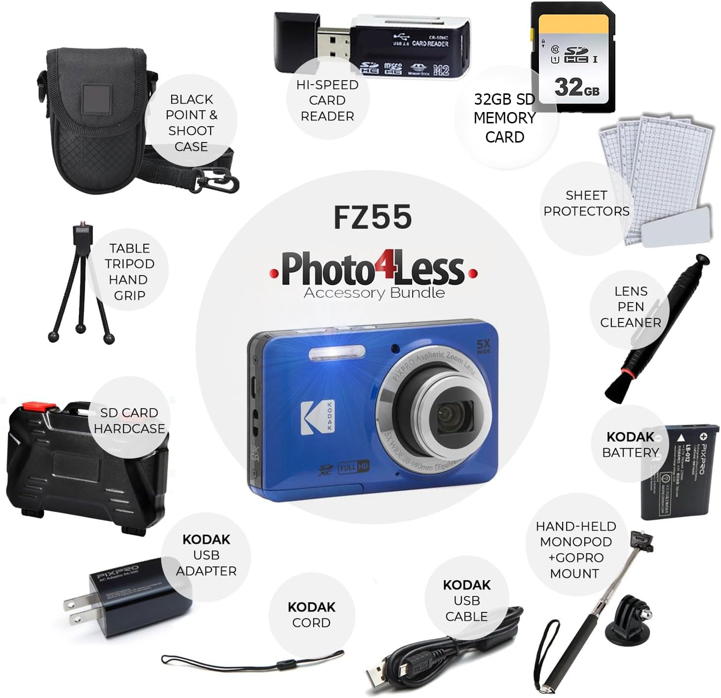 Kodak PIXPRO FZ55 Digital Camera (Blue) + 32GB Memory Card + Point and Shoot Camera Case + Extendable Monopod + Lens Cleaning Pen + LCD Screen Protectors + Table Top Tripod – Ultimate Bundle