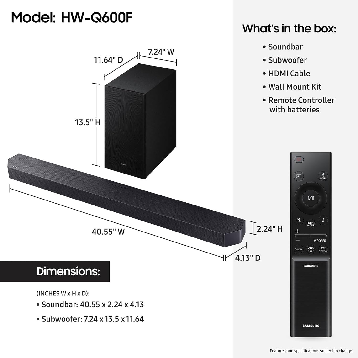 Samsung Q-Series Soundbar HW-Q600F 3.1.2ch with Wireless Subwoofer, Dolby Atmos/DTS Virtual:X, Q-Symphony, SpaceFit Sound Pro, Adaptive Sound, Game Mode Pro, Bluetooth, (2025 Model)