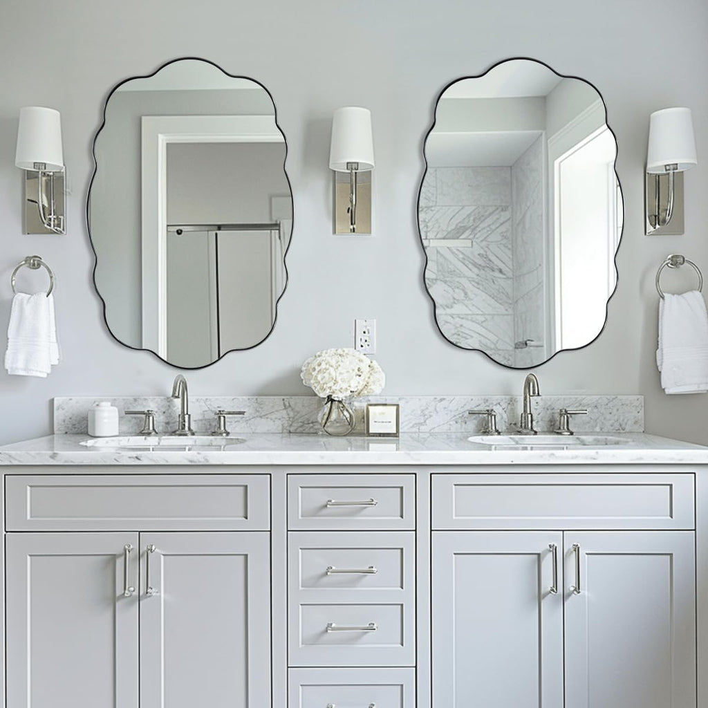 ANDY STAR Brushed Nickel Wavy Oval Bathroom Mirror, 24x36 Inch Silver Asymmetrical Wall Mirror, Unique Irregular Wall Mirror with Sophisticated Curved Design