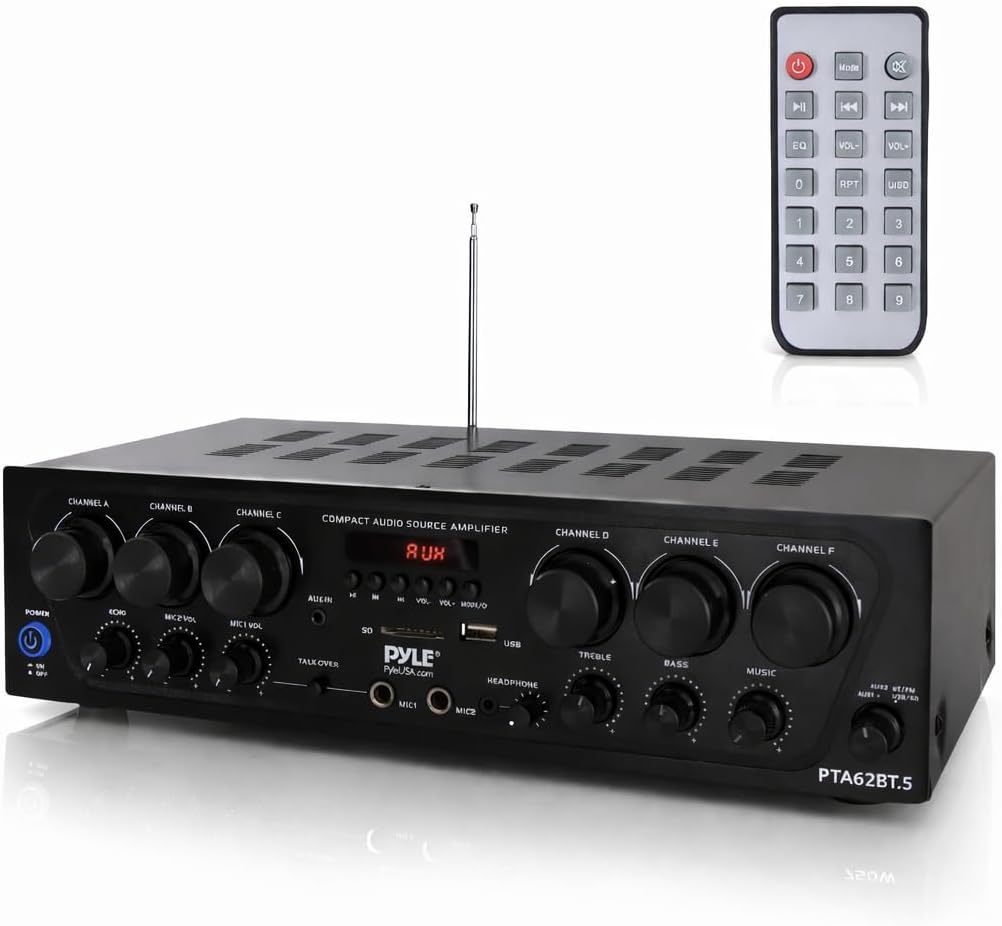 Pyle Bluetooth Wireless Home Amplifier System - Upgraded 6 Channel Audio, 750 Watt Power, Easy Karaoke, Stereo Receiver w USB-A, Micro SD, Headphone, 2 Microphone Input w/Echo, Talkover for PA