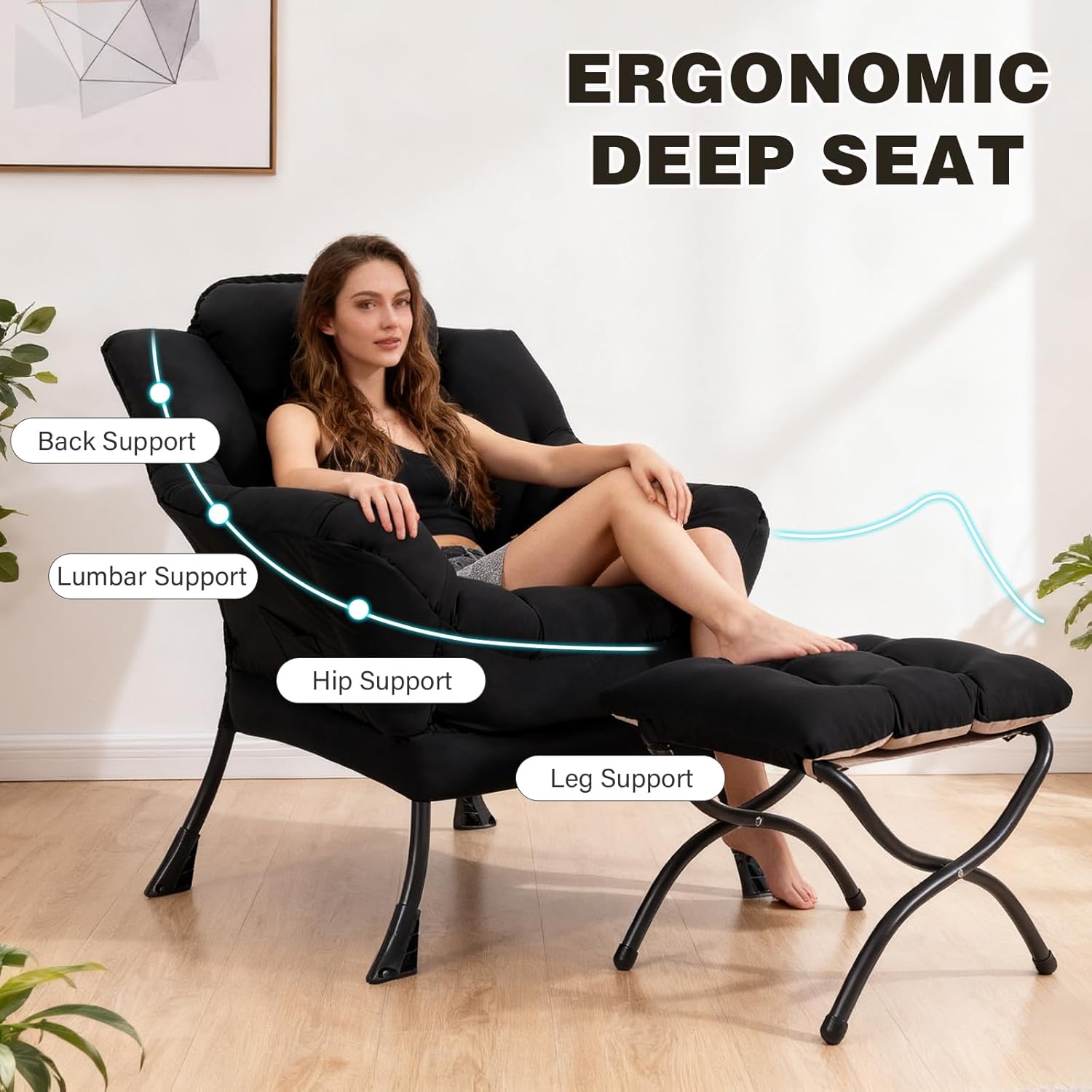 Lazy Chair with Ottoman, Modern Accent Chair Contemporary Lounge Leisure Sofa Chair with Armrests, Reading Chair and Folding Footstool Set for Living Room, Bedroom, Office, Black