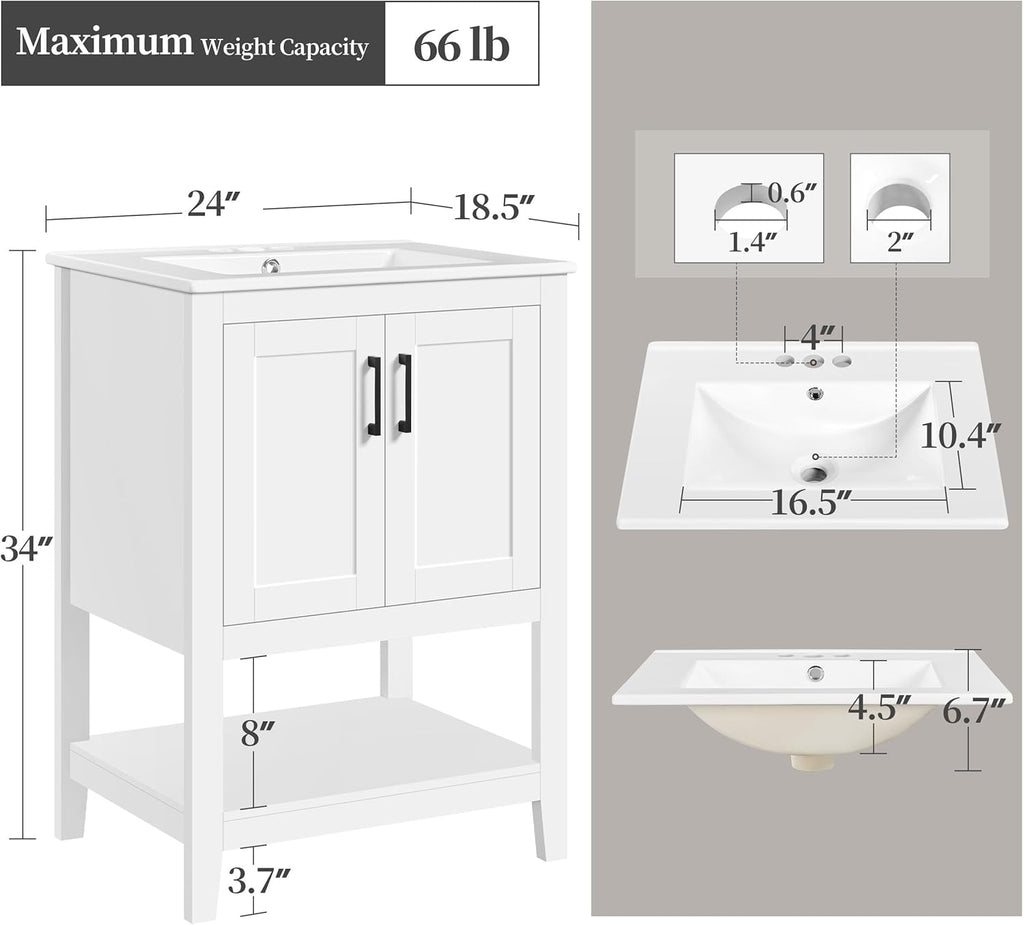 Yaheetech 24" Modern Bathroom Vanity with Sink, Bathroom Sink Cabinet with Rectangular Ceramic Basin, Bathroom Vanities Cabinet with 2 Doors and 1 Open Shelf, White