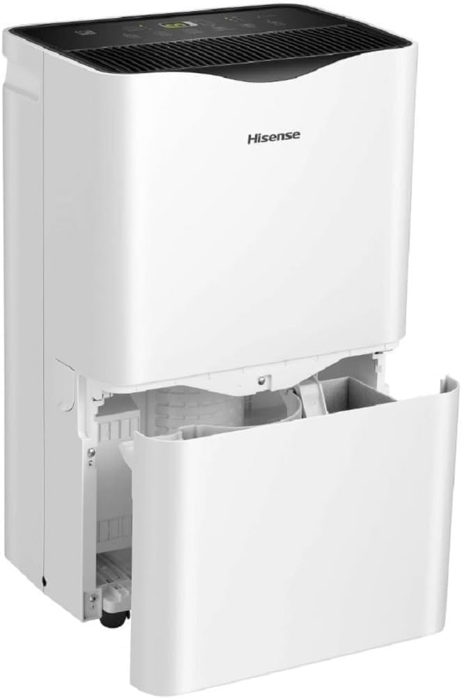 Hisense 50 Pint Dehumidifier 300 sq. ft Slide-out Bucket with Easy-carry Handle, 3 Speeds (Lo, Hi, Auto), Up to 4500 sq ft., Auto shut-off, Quiet 48 dB, 115v, - DH5023KP (Renewed)