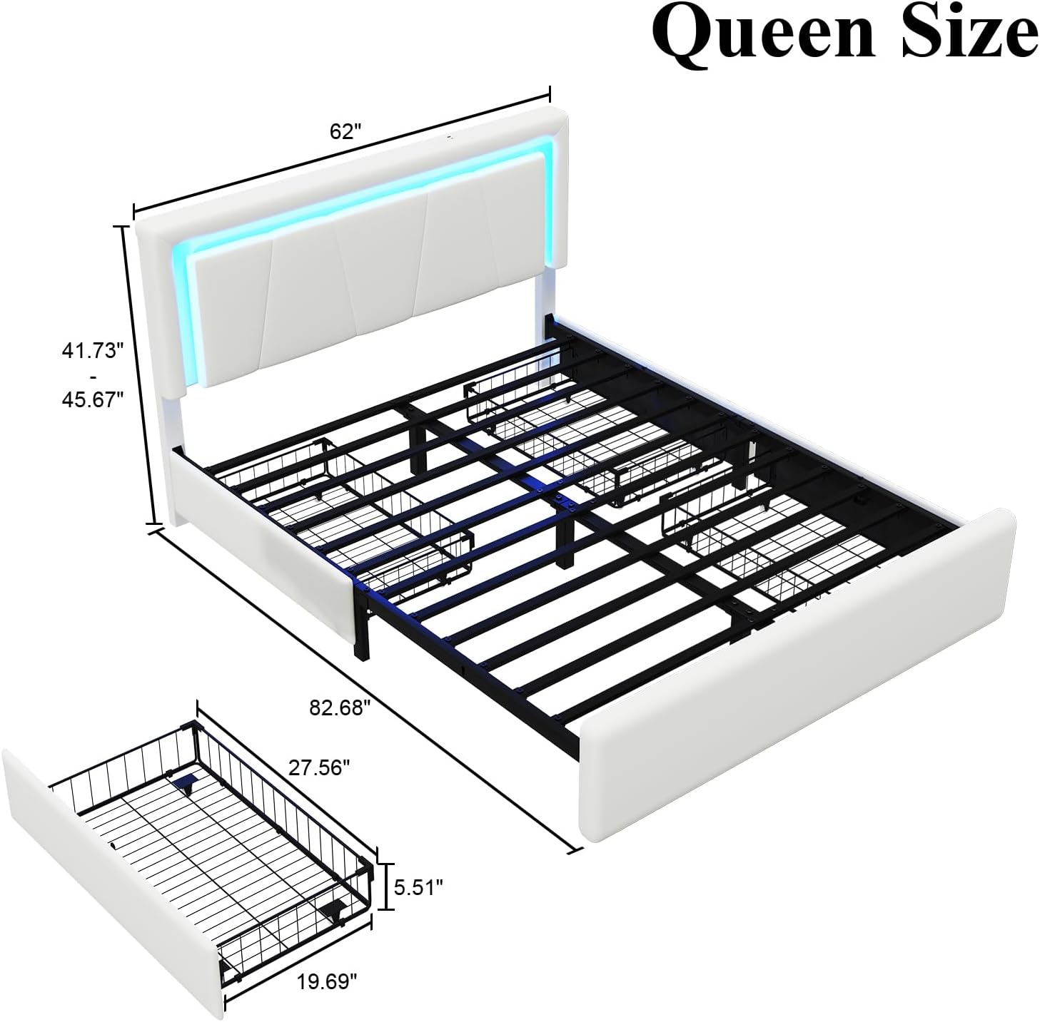 LoVinson Queen Size Bed Frame with 4 Storage Drawers, Charging Station and LED Light, Adjustable Upholstered Headboard, Noise-Free, No Box Spring Needed, Easy Assembly, White