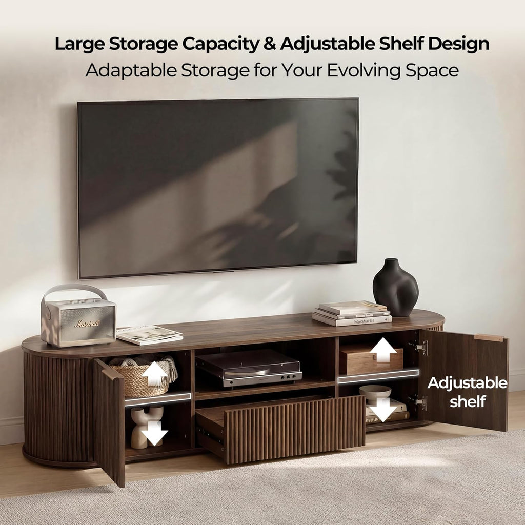 CHITA 70" Fluted TV Stands for Living Room for TVs Up to 80", Mid Century Modern Entertainment Center with Drawers, TV Console for Living Room with Storage and Adjustable Shelves, Walnut
