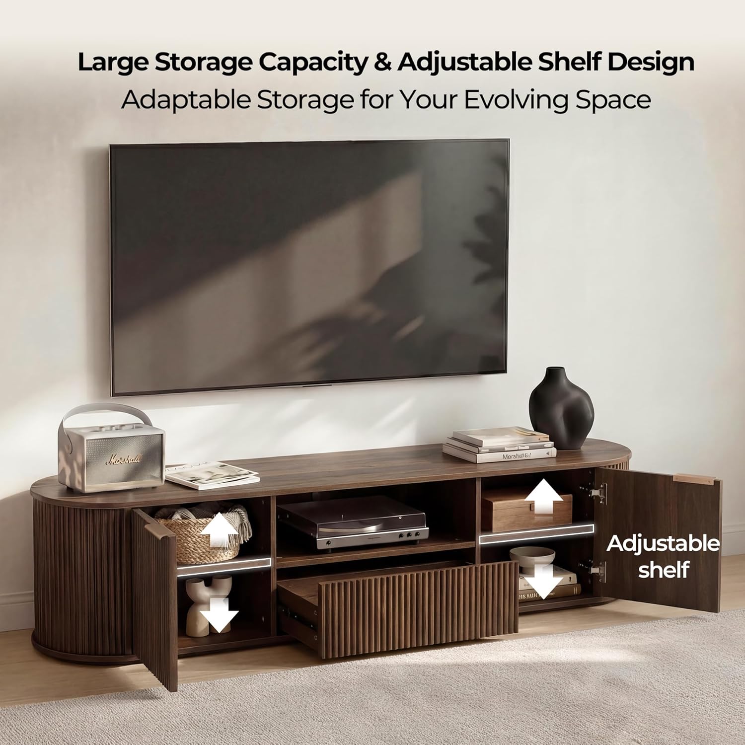 CHITA 70" Fluted TV Stands for Living Room for TVs Up to 80", Mid Century Modern Entertainment Center with Drawers, TV Console for Living Room with Storage and Adjustable Shelves, Walnut