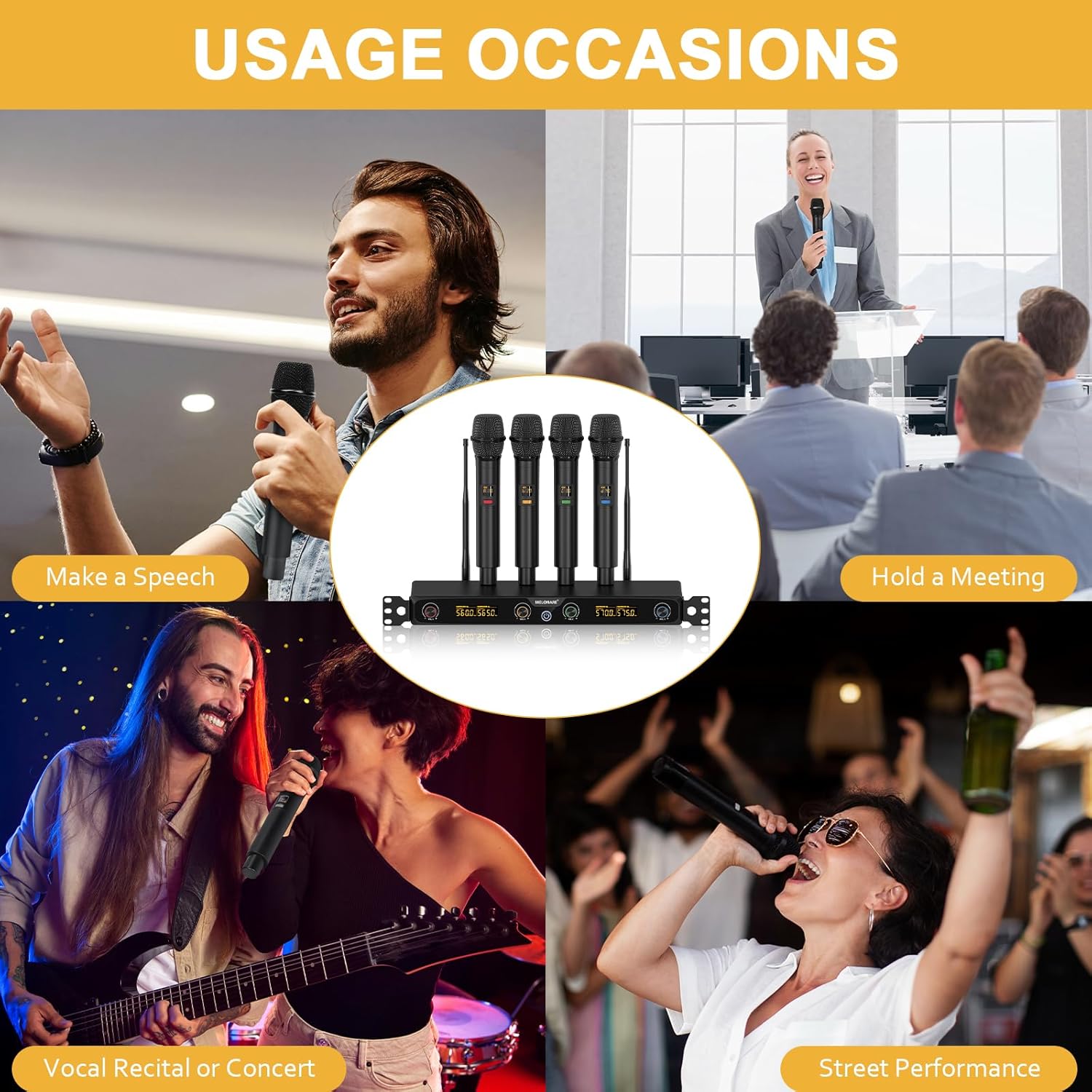 MELONARE 4-Channel Wireless Microphone System, UHF Rackmountable Cordless Mic Set w/ 4X 10 Frequencies, 260ft Range, Dynamic Handheld Microphone for Singing, Karaoke, Church, DJ, Party (MWM-41F)