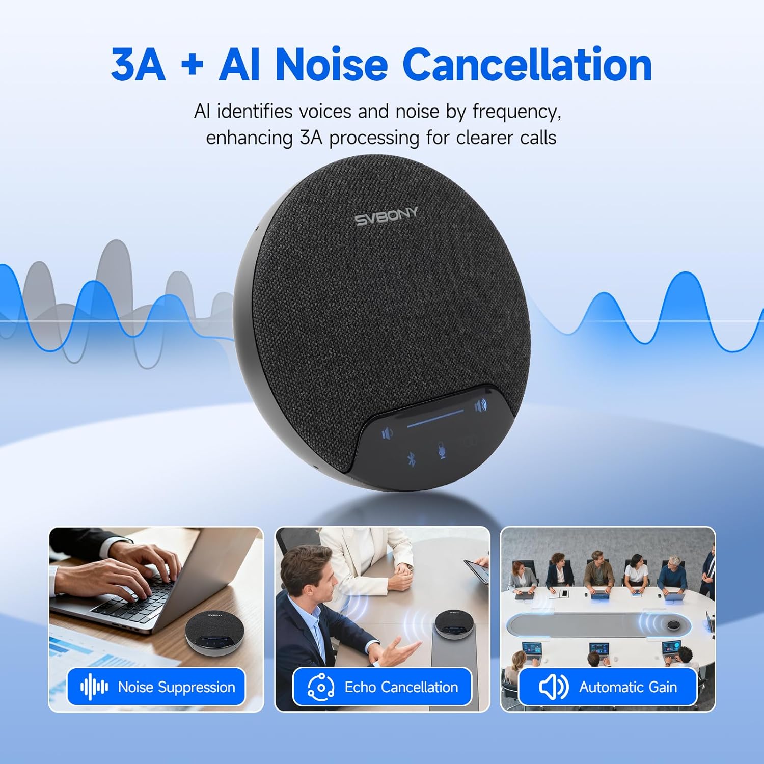 SVBONY SVN O1 Dual Conference Speaker and Microphone, Wireless Cascading 33FT for 30People Conference Room, 3A+AI Noise Cancelling, 8Mics with 360°Voice Pickup, UHF-Stabilized Link