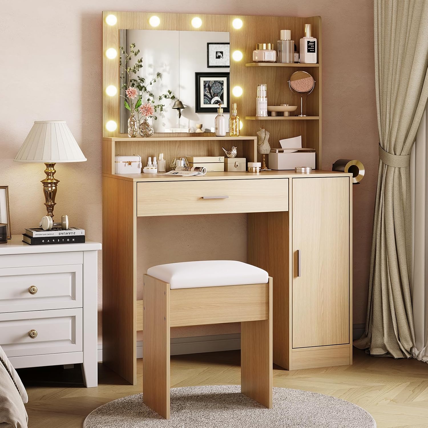 Garvee Vanity Desk with Mirror and Light, Makeup Dressing Table with Large Drawers and 3-Level Storage Dresser, 3 Lighting Modes Adjustable Brightness, Modern Vanity Set for Bedroom, Natural