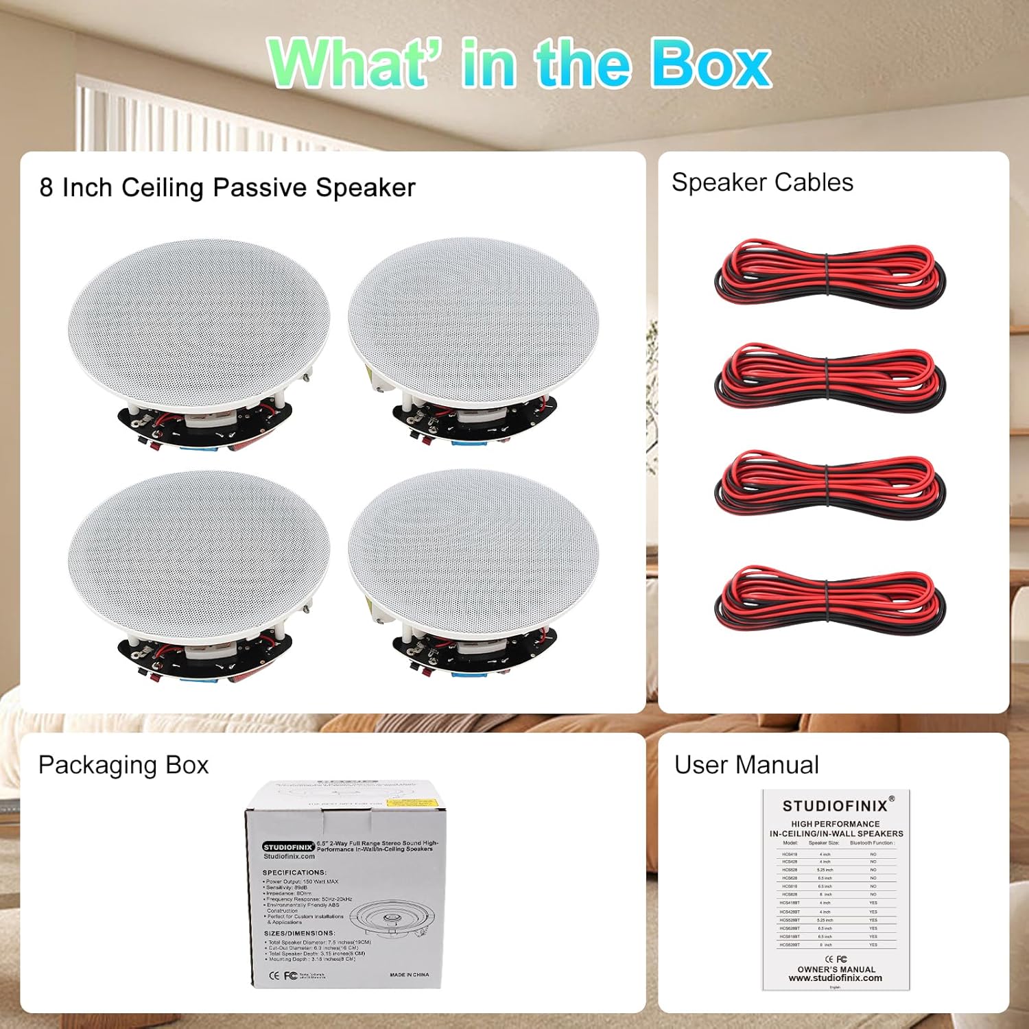 STUDIOFINIX 8-Inch in-Ceiling Speakers, 800W Max Power Passive Flush-Mount Ceiling Speakers for Home Theater, Living Room, Office, Kitchen, Basement, Covered Patio (2 Pairs)