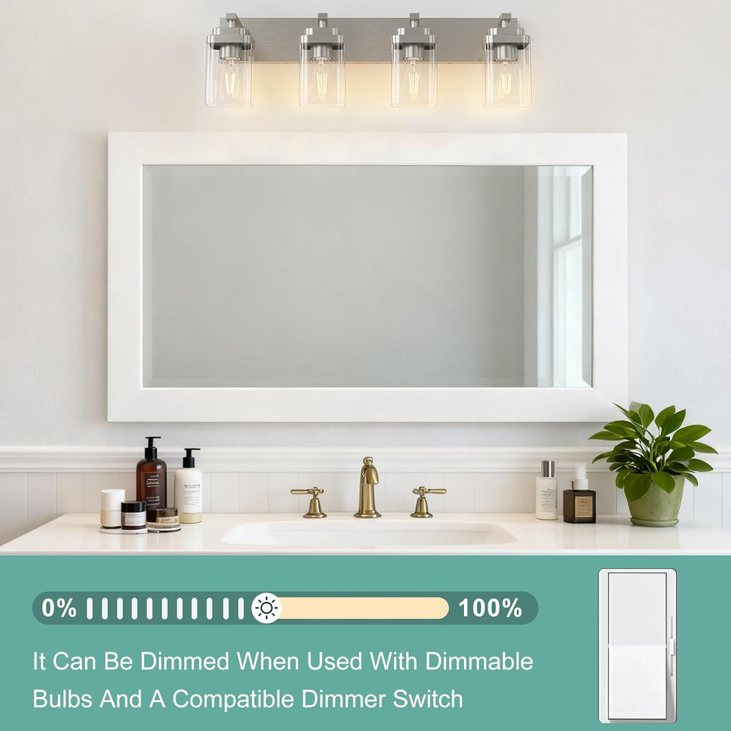 Brushed Nickel Bathroom Light Fixtures, 4 Lights Bathroom Lighting Fixtures Over Mirror, Square Design & Rectangle Large Backplate, Modern Vanity Lighting Fixtures, for Living Room/Bedroom