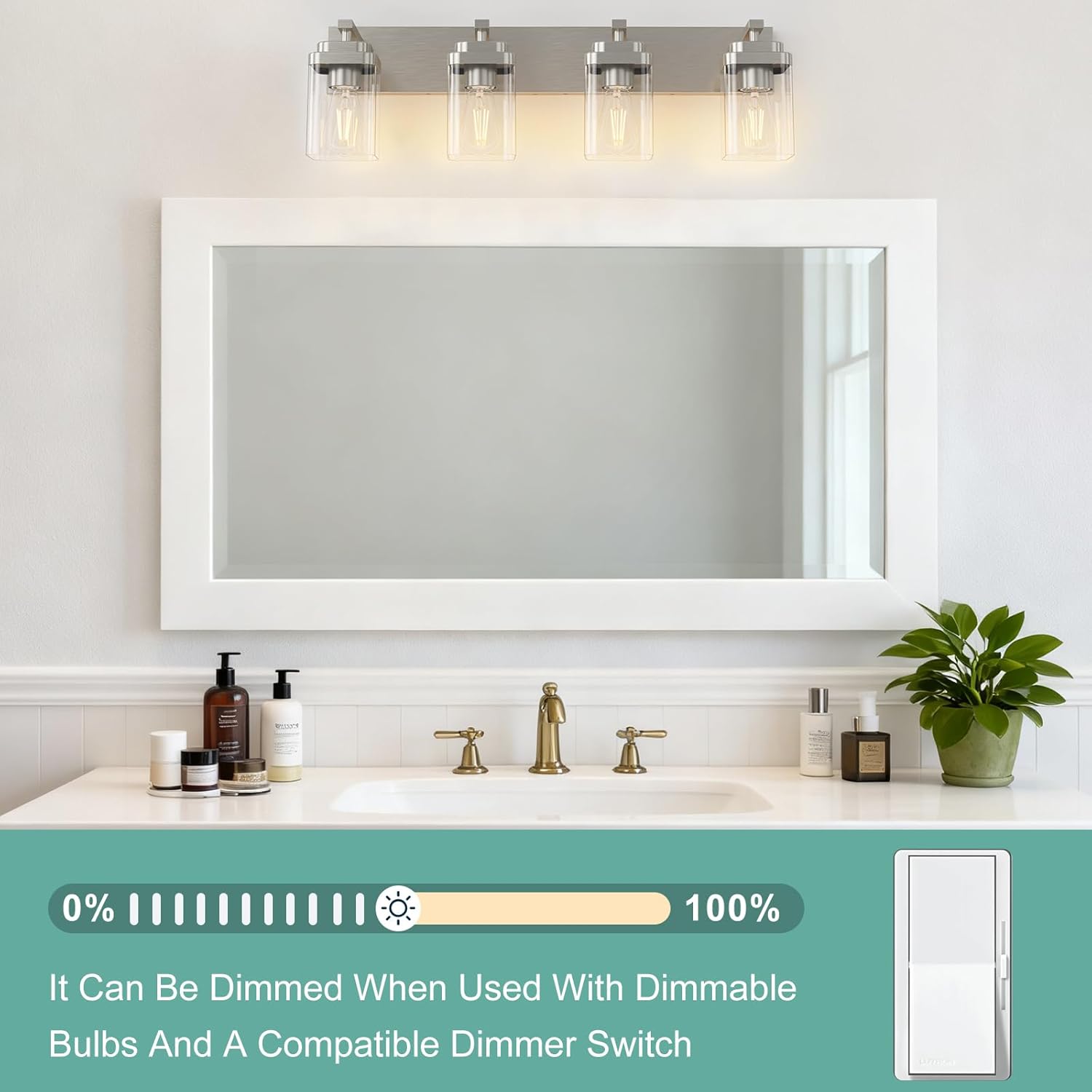 Brushed Nickel Bathroom Light Fixtures, 4 Lights Bathroom Lighting Fixtures Over Mirror, Square Design & Rectangle Large Backplate, Modern Vanity Lighting Fixtures, for Living Room/Bedroom
