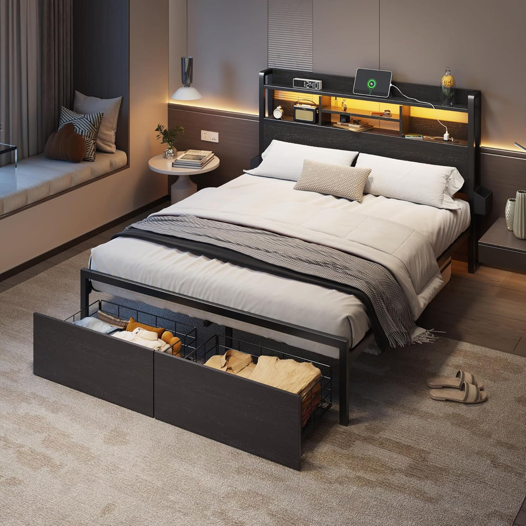 Furnulem Full Size Bed Frame with Wood Headboard, Metal Platform Bed Frame Full Size with 2 Storage Drawers and Shelf, LED Lights and Charging Station, No Box Spring Needed, Noise Free, Black