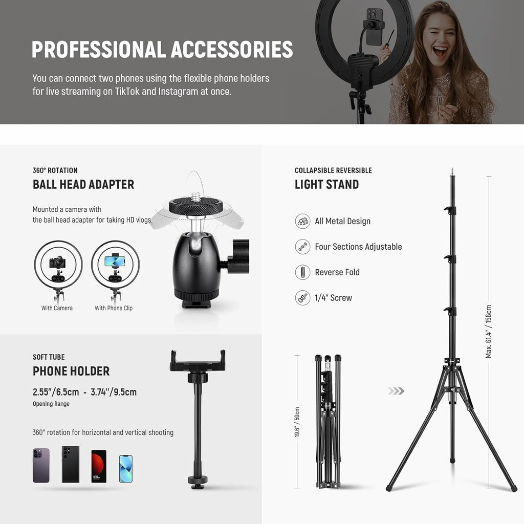 NEEWER 18 Inch Edge Lit Ring Light with Tripod Stand Phone Holder Compatible with iPhone for Video Recording Selfie Makeup Studio Streaming, 45W 2900-7000K APP 2.4G Control Ringlight Lighting, RL45B