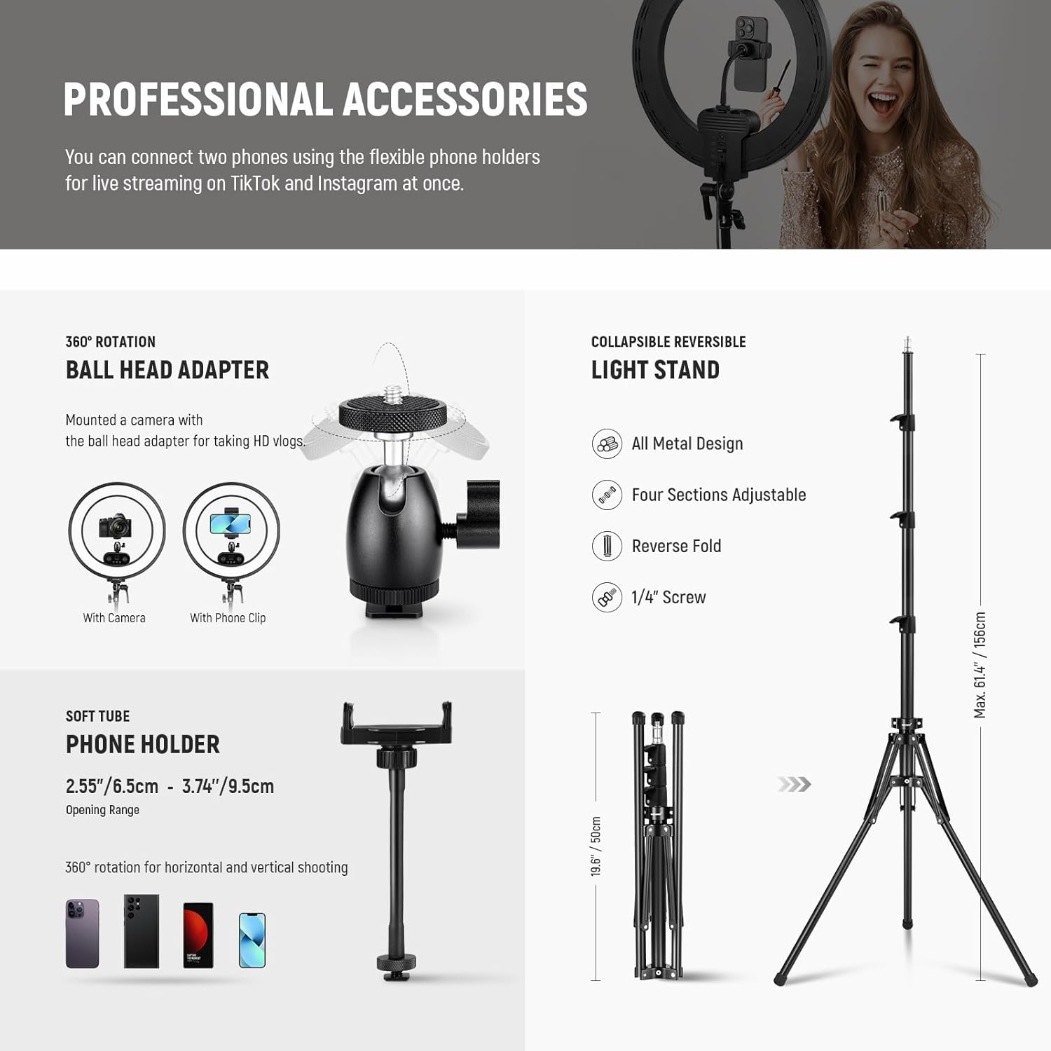 NEEWER 18 Inch Edge Lit Ring Light with Tripod Stand Phone Holder Compatible with iPhone for Video Recording Selfie Makeup Studio Streaming, 45W 2900-7000K APP 2.4G Control Ringlight Lighting, RL45B