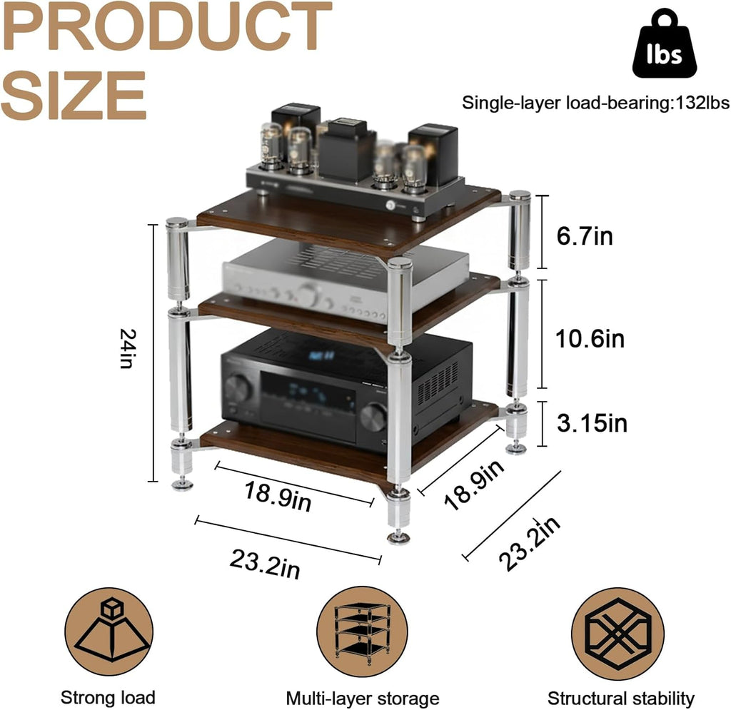 Heavy Duty AV Media Stand, AV Component Stand with Stainless Steel Bracket, Stereo Component Rack, Suitable for Living Rooms, Offices and Recording Studios (Black Walnut, 3-Tiers)