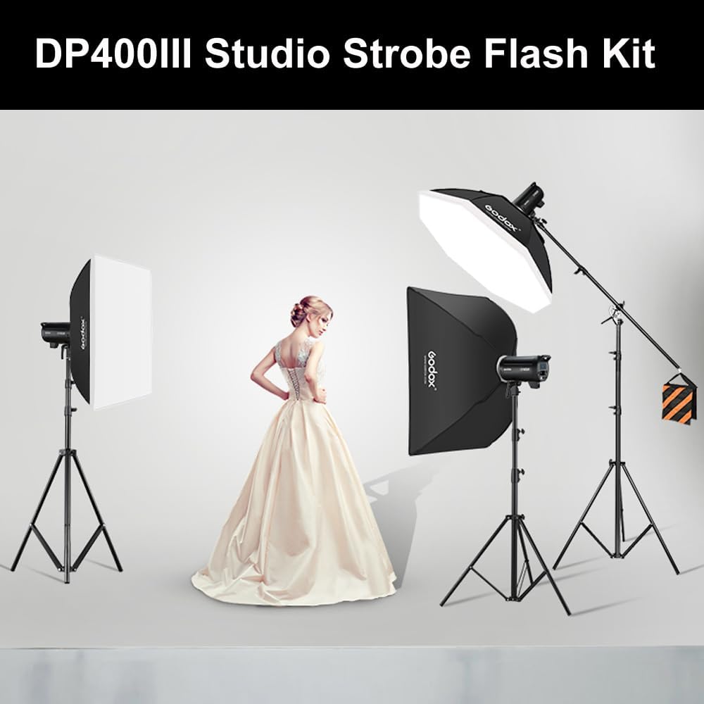 Godox 3Pack DP400III 1200W Studio Strobe Flash Lighting Kit with 3* Light Stand 3* Grid Softbox 1 * 5-in-1 Reflector 1* Bag for Portrait Photography Studio Shooting