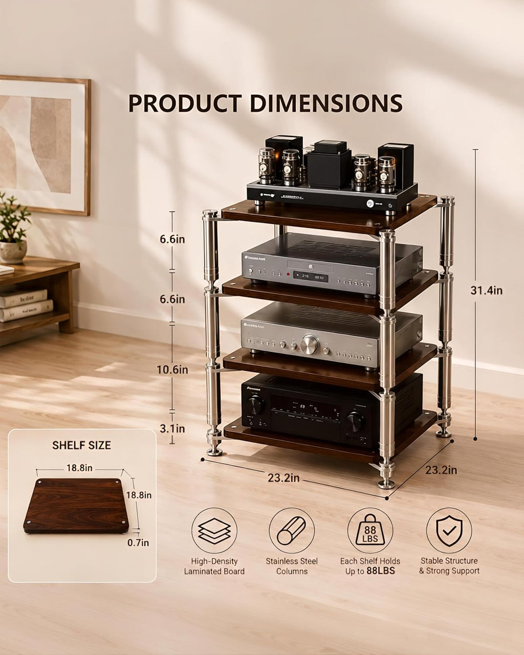Heavy Duty AV Stand, Open Design's Audio Racks with Shock-Absorbing Foot pegs, Strong Load-Bearing Capacity Audio Component Rack, for Offices and Recording Studios (Black Black, 4tier)