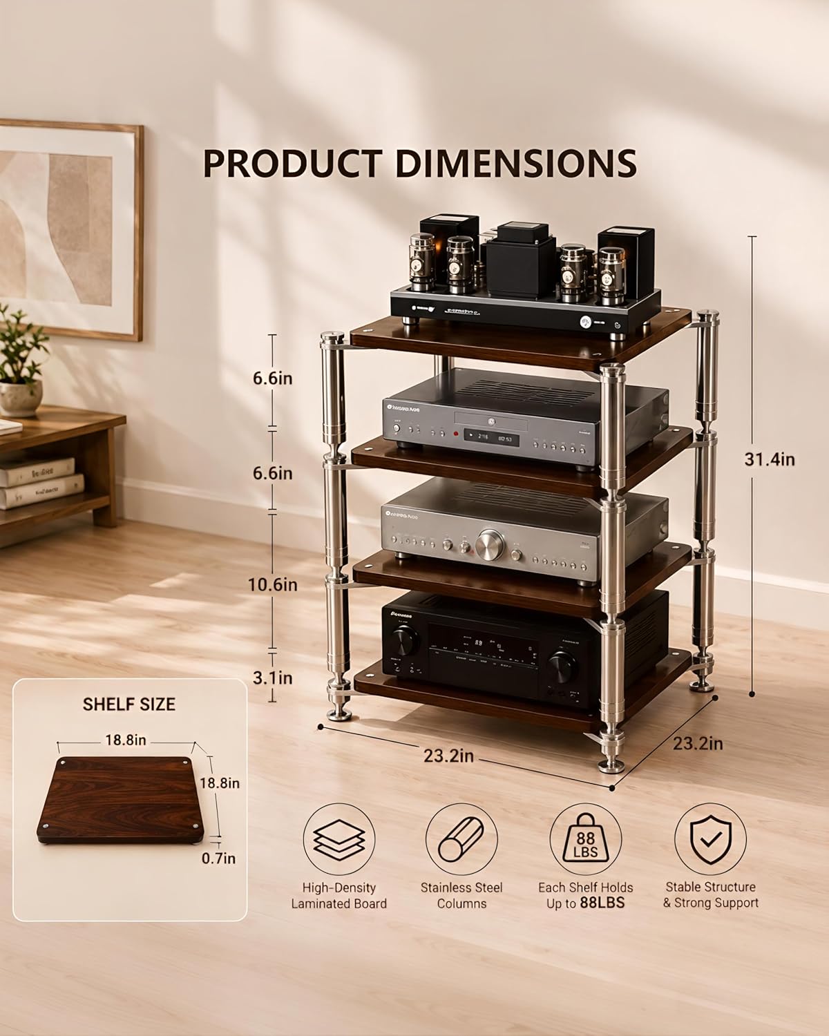 Heavy Duty AV Stand, Open Design's Audio Racks with Shock-Absorbing Foot pegs, Strong Load-Bearing Capacity Audio Component Rack, for Offices and Recording Studios (Black Black, 4tier)