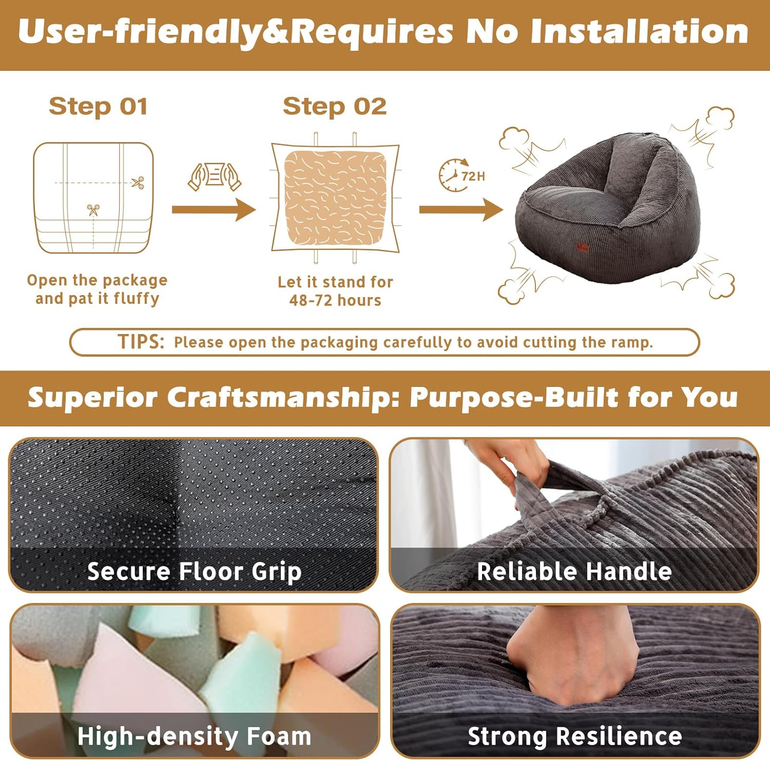 Bean Bag Chair, Cozy Fluffy Beanbag Chairs with Filler for Teens and Kids, Floor Lazy Sofa for Living Room Gaming & Reading (M-Charcoal)