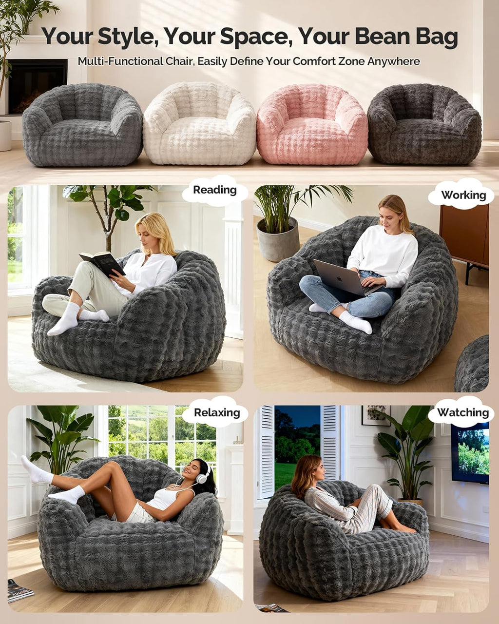 KINGYES Bean Bag Chair, Giant Bean Bag Couch with Memory Foam Filled, Gaming Beanbag Chair for Adults, Bean Bag for Kids & Teen, Light Gray