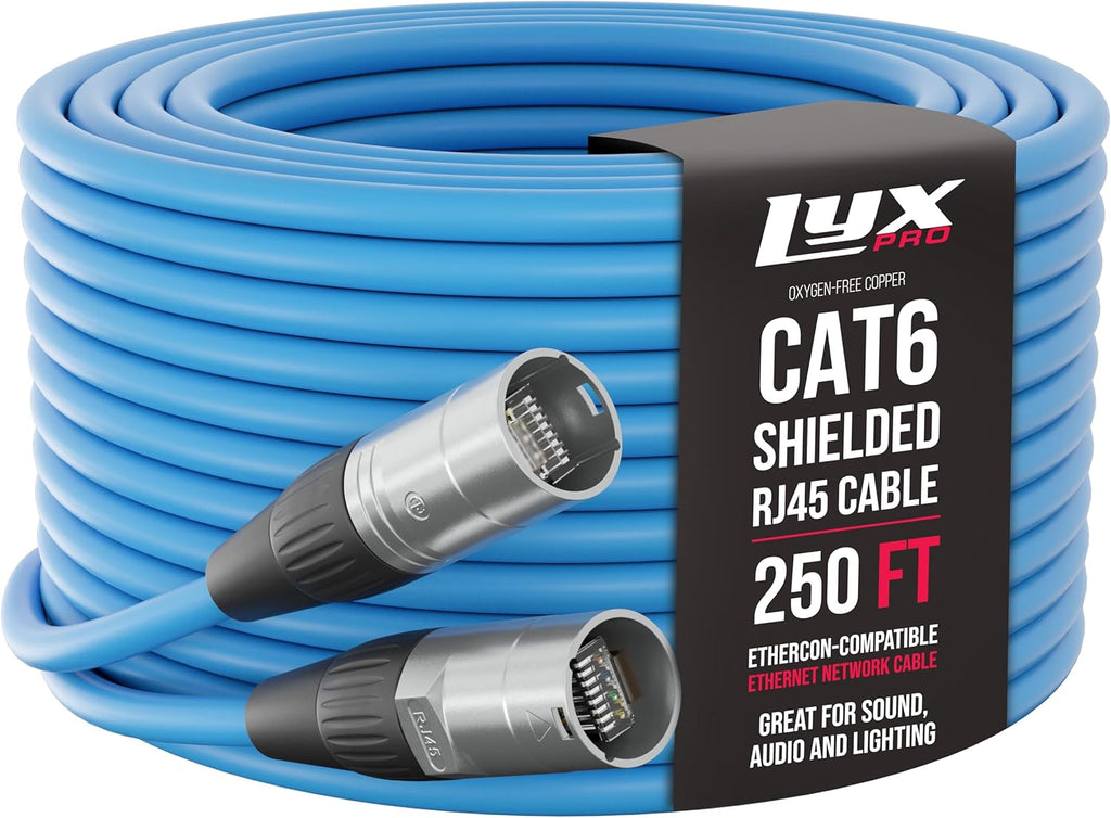 LyxPro 250 Feet Shielded CAT6 Ethercon Cable - Professional Audio & Lighting RJ45 Cable, Studio-Grade Sound Transmission, Extreme Durability - Blue