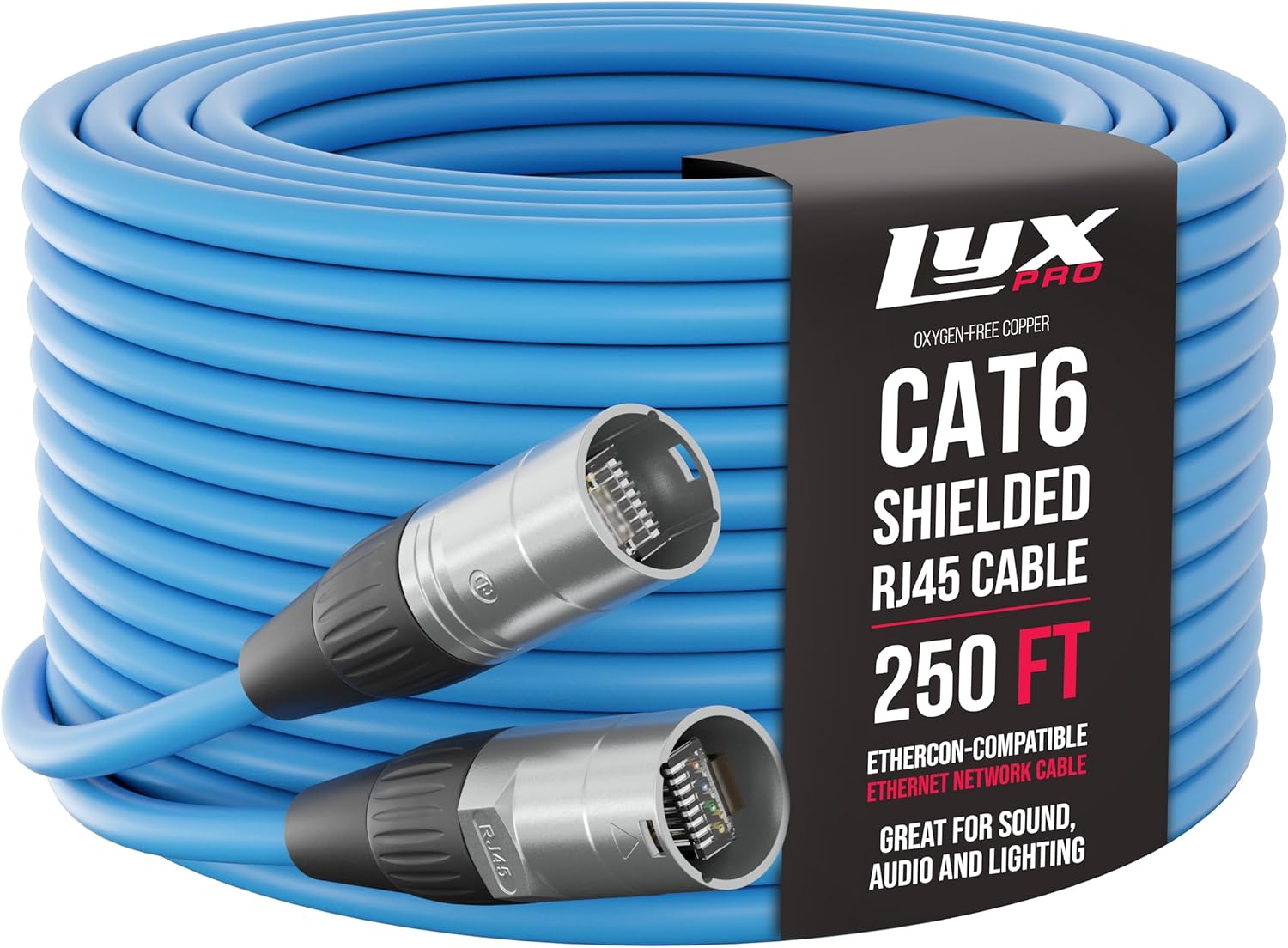 LyxPro 250 Feet Shielded CAT6 Ethercon Cable - Professional Audio & Lighting RJ45 Cable, Studio-Grade Sound Transmission, Extreme Durability - Blue